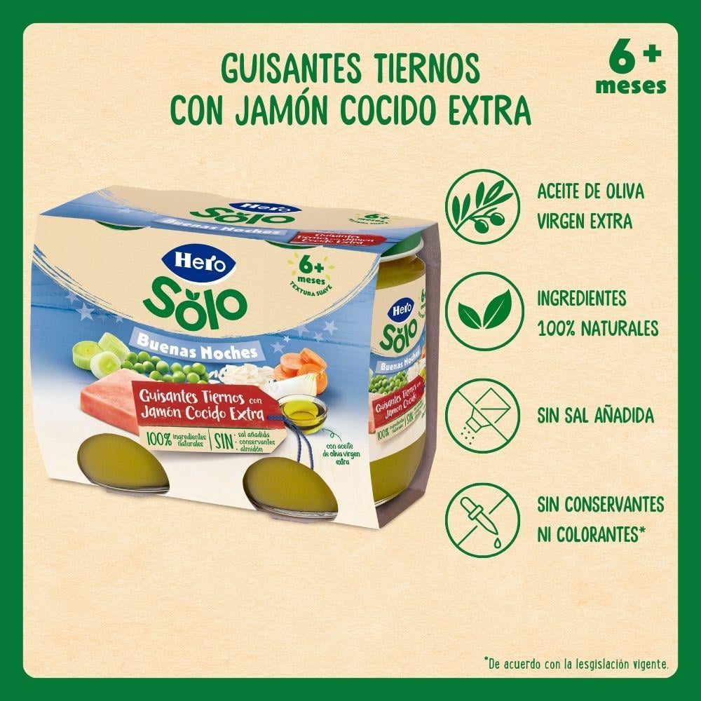 Tarrito de guisantes tiernos con jamón desde 6 meses Hero Baby Buenas Noches sin gluten pack de 2 unidades de 190 g.