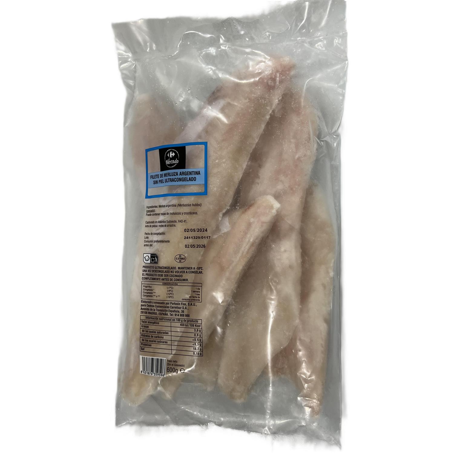 Filete de merluza argentina sin piel ultracongelada Carrefour El Mercado 600 g