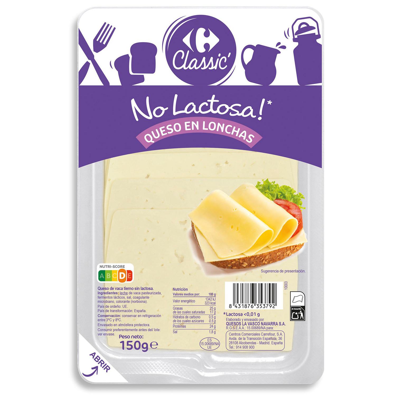 Queso en tierno en lonchas Carrefour Classic sin lactosa 150 g.