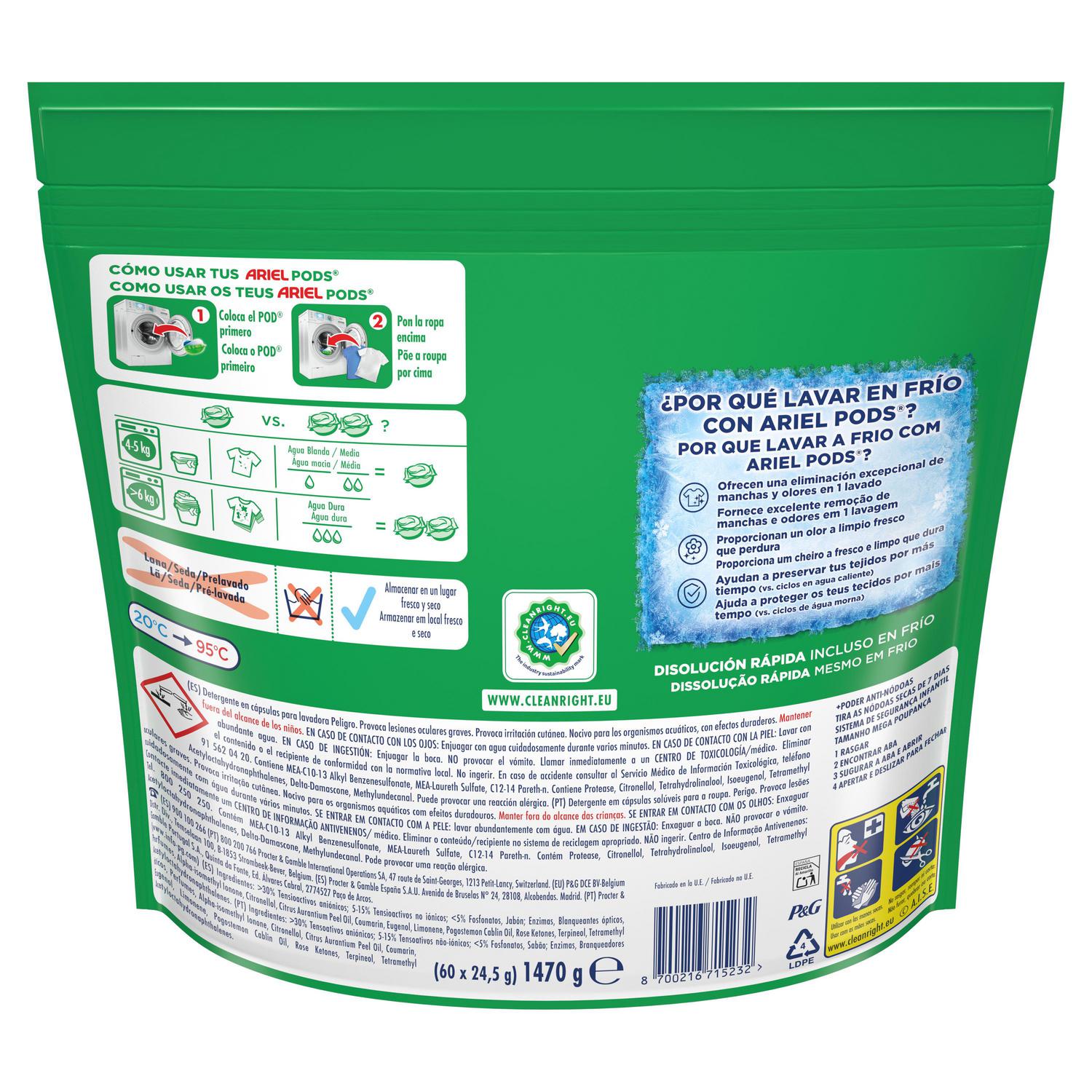 Detergente en cápsulas poder quitamanchas Ariel Platinum 60 lavados.