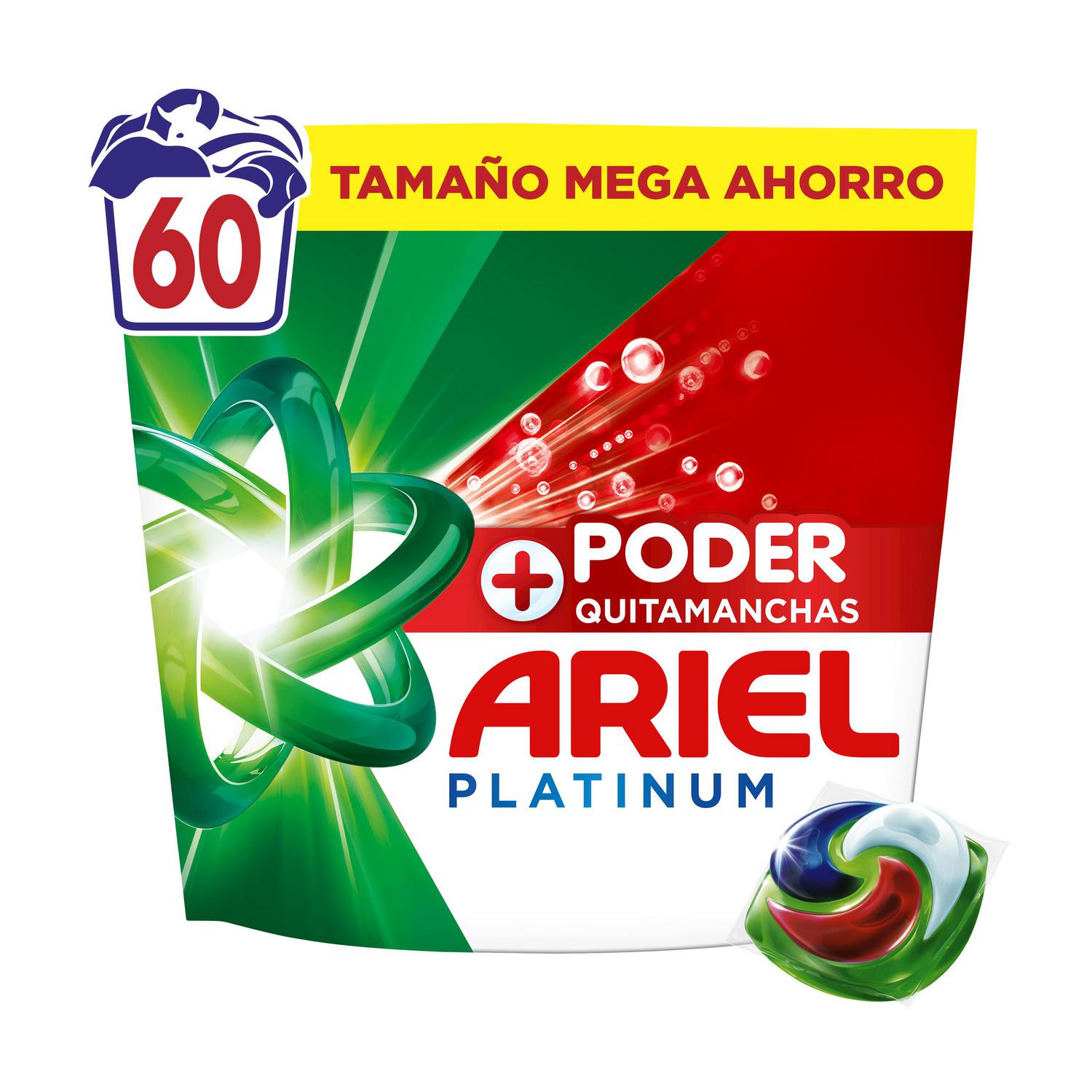 Detergente en cápsulas poder quitamanchas Ariel Platinum 60 lavados.