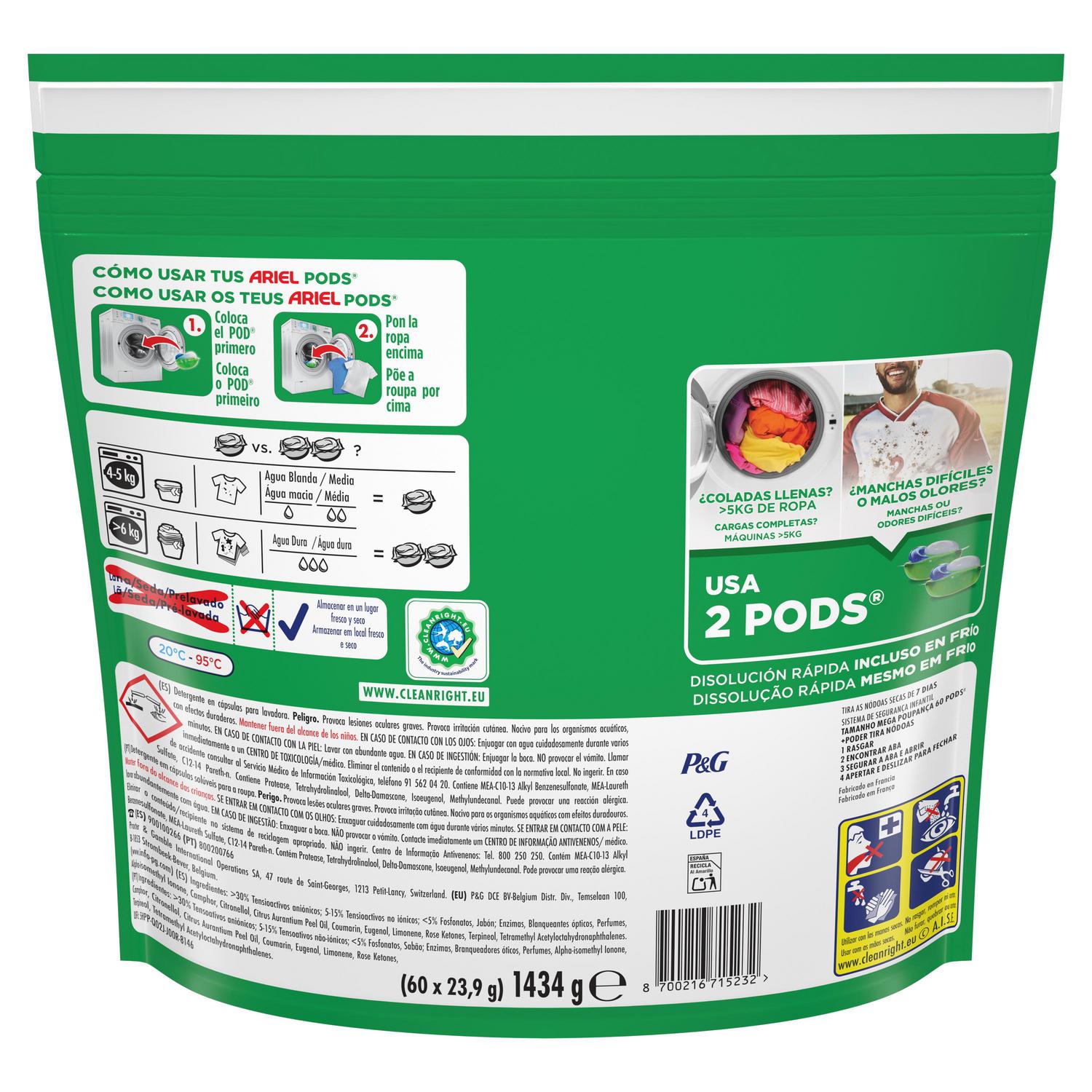 Detergente en cápsulas poder quitamanchas Ariel Platinum 60 lavados.