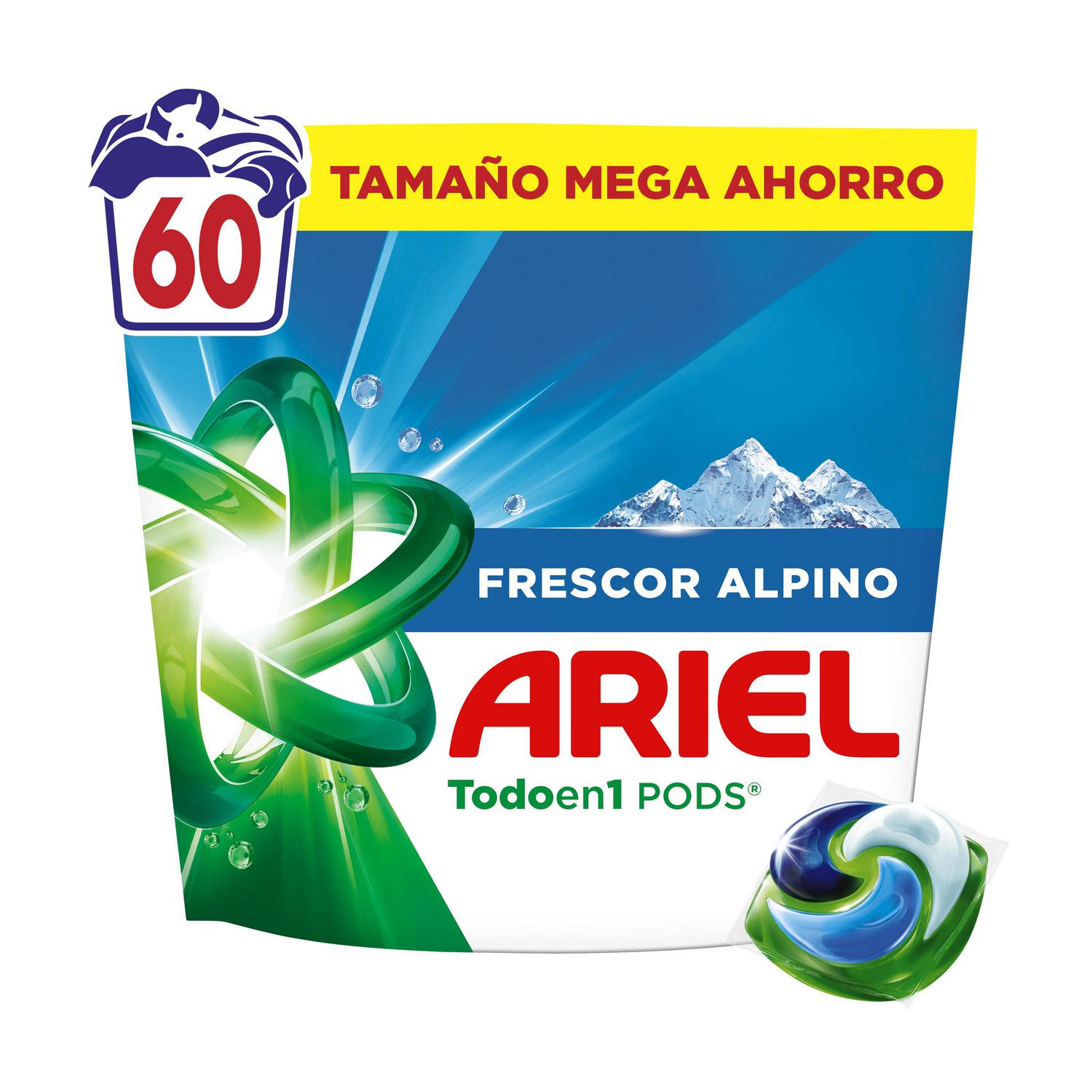 Detergente a maquina en cápsulas frescor alpino Ariel Pods 60 lavados.