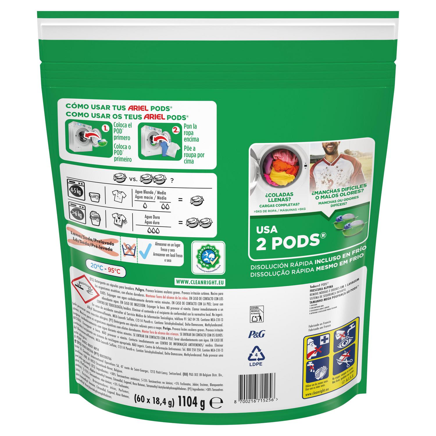 Detergente a maquina en cápsulas frescor alpino Ariel Pods 60 lavados.