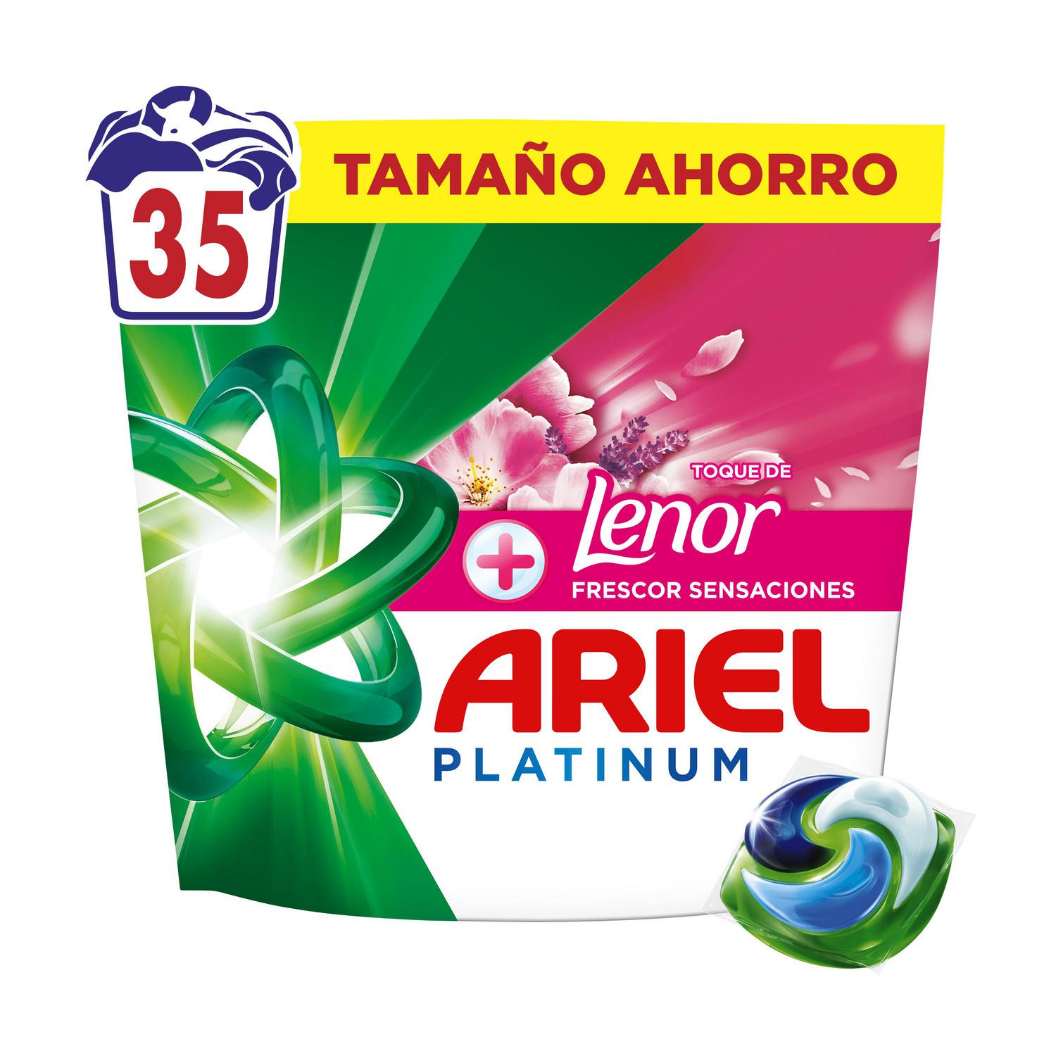 Detergente en cápsulas + toque de Lenor frescor sensaciones Platinum Ariel 35 lavados.