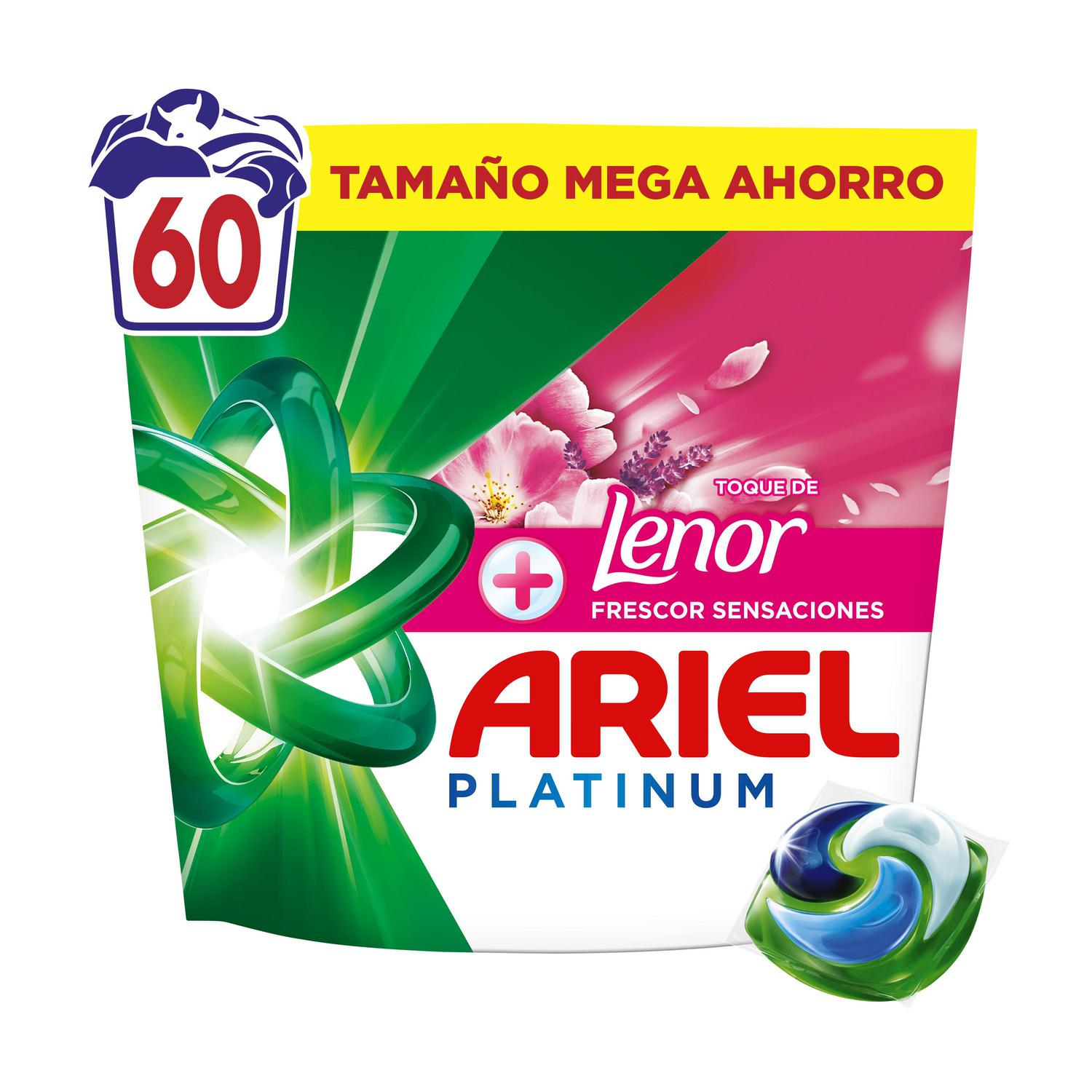 Detergente en cápsulas +toque de Lenor frescor sensaciones Platinum Ariel 60 lavados.