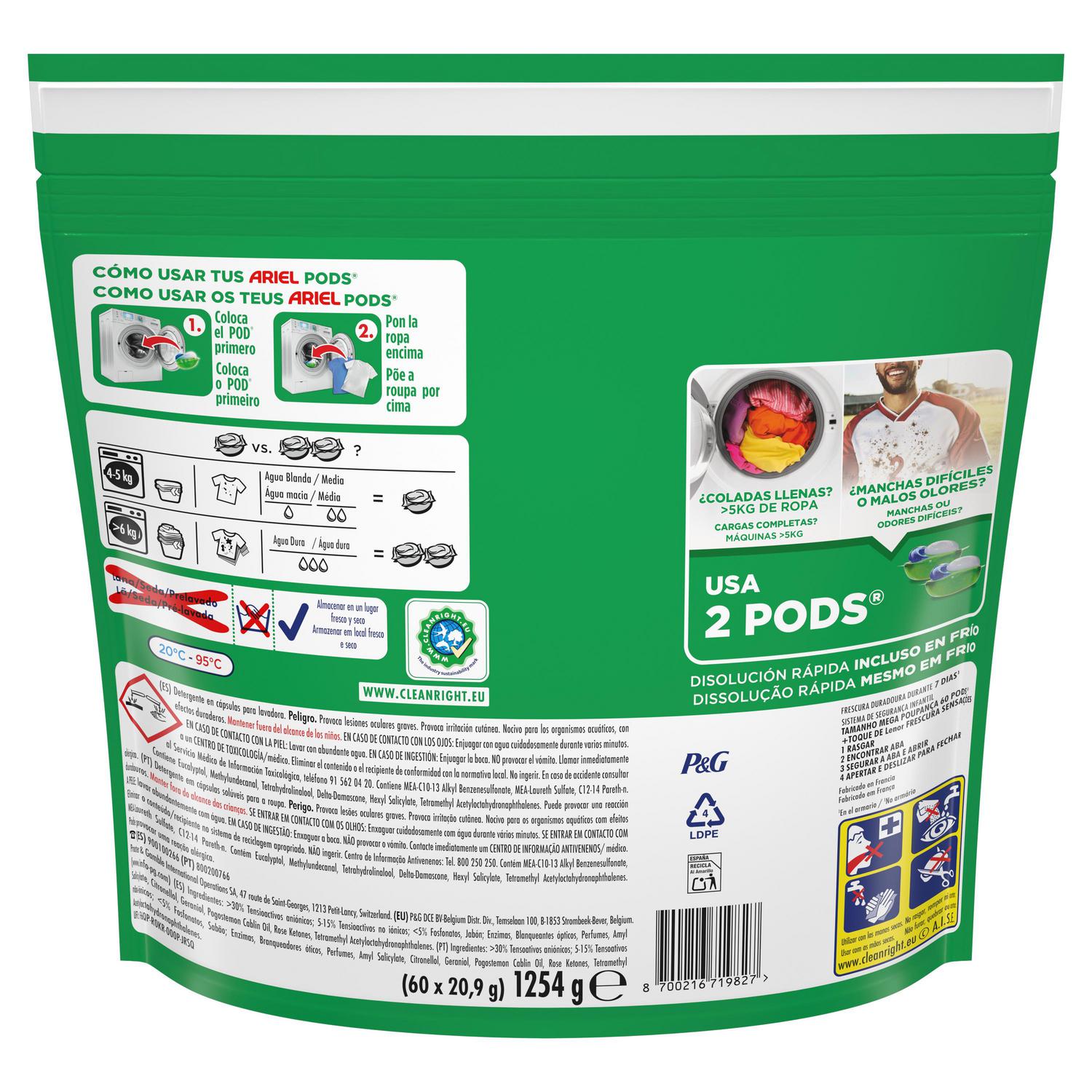 Detergente en cápsulas +toque de Lenor frescor sensaciones Platinum Ariel 60 lavados.
