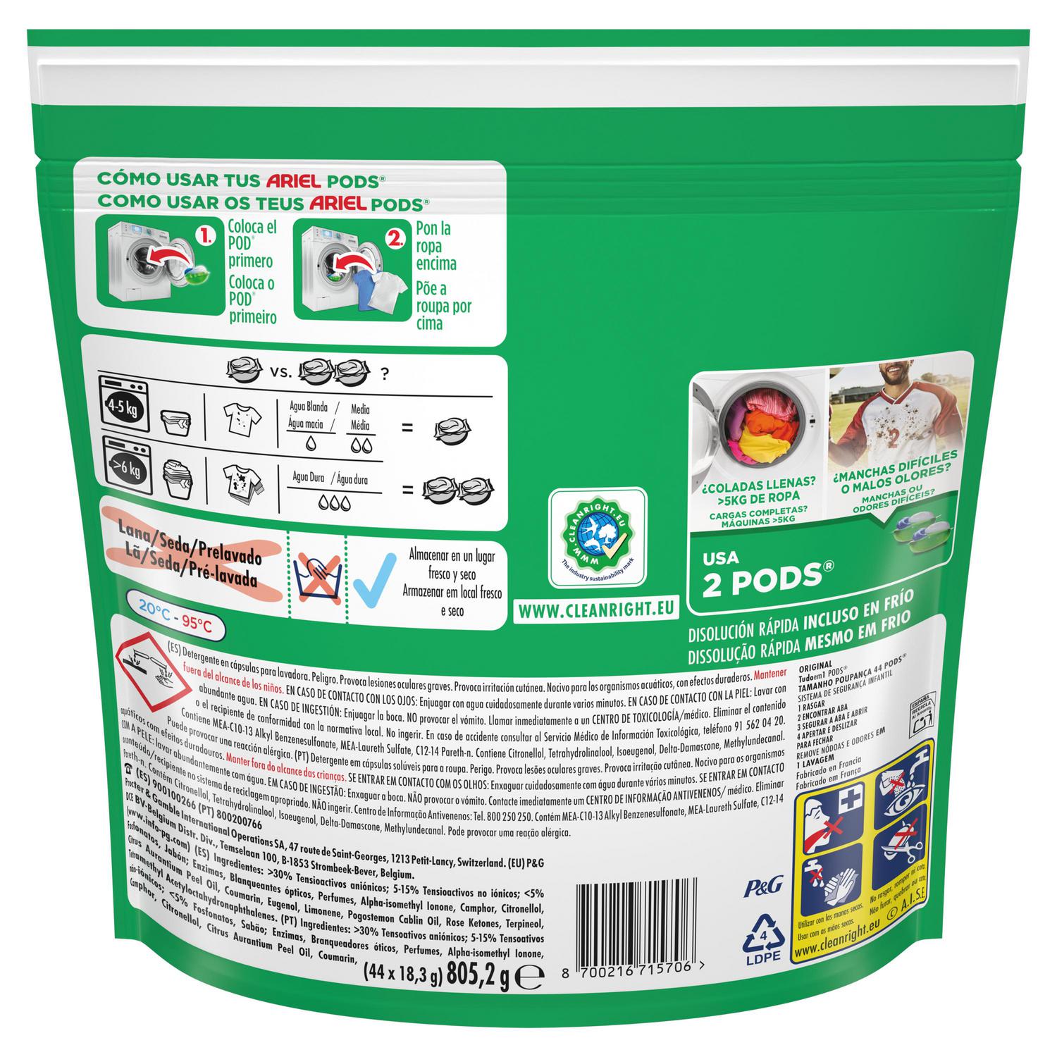 Detergente en cápsulas original Ariel 44 ud.