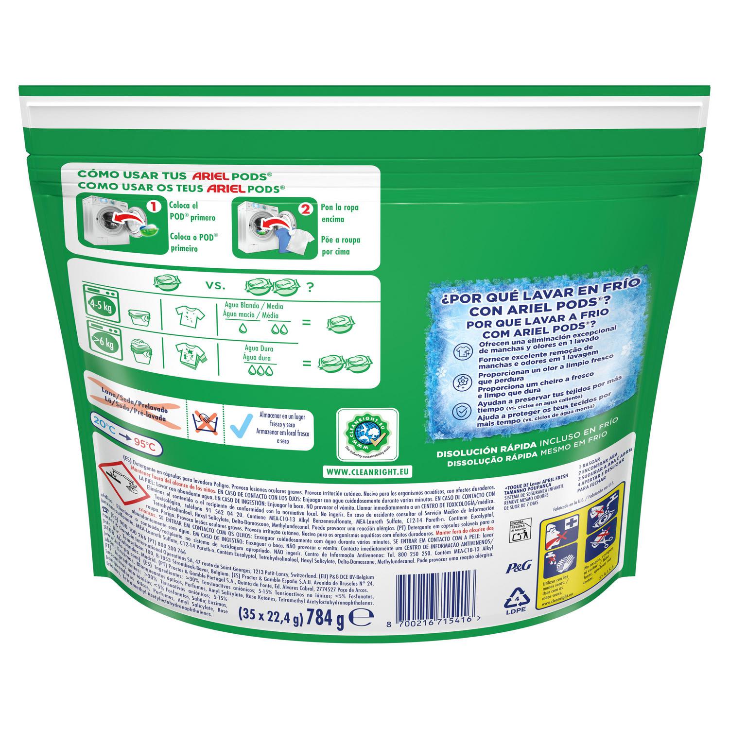 Detergente en cápsulas +toque de Lenor frescor de Abril Ariel Platinum 35 lavados.