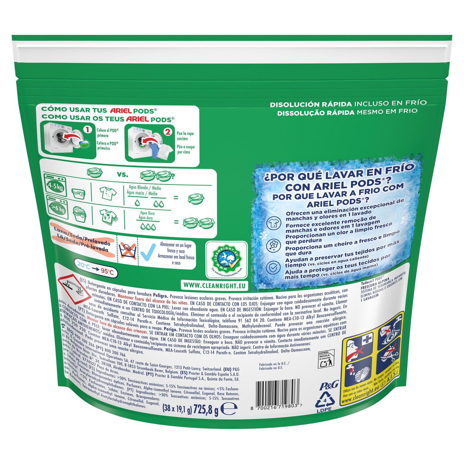 Detergente en cápsulas frescor alpino Ariel 38 lavados.