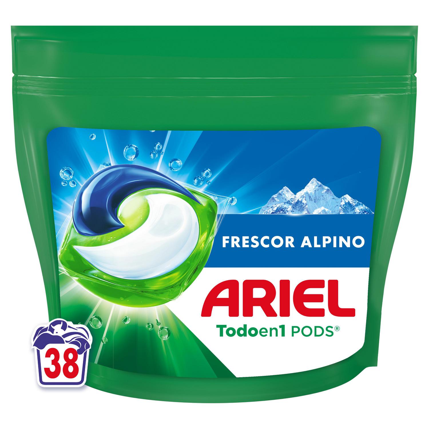 Detergente en cápsulas frescor alpino Ariel 38 lavados.