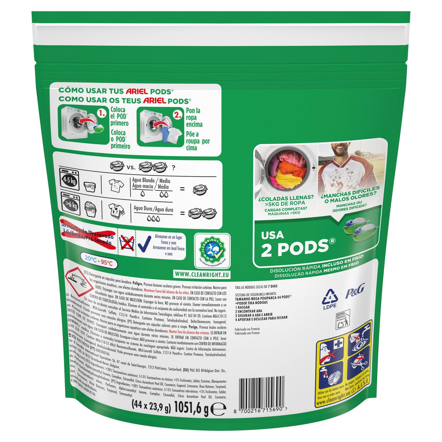 Detergente en cápsulas +poder quitamanchas Platinum Ariel 44 lavados.