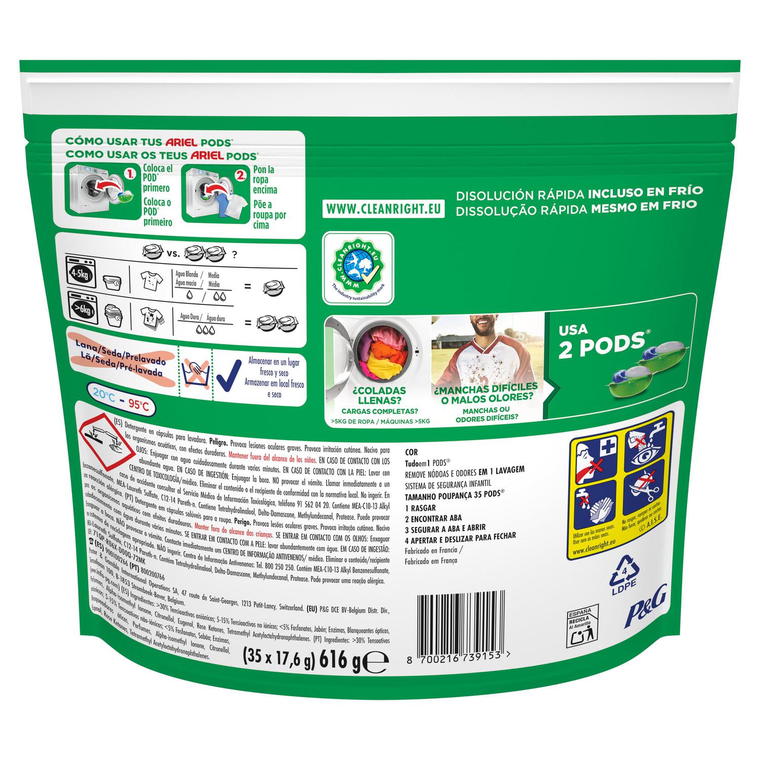 Detergente en cápsulas color Todoen1 Pods Ariel 35 lavados.