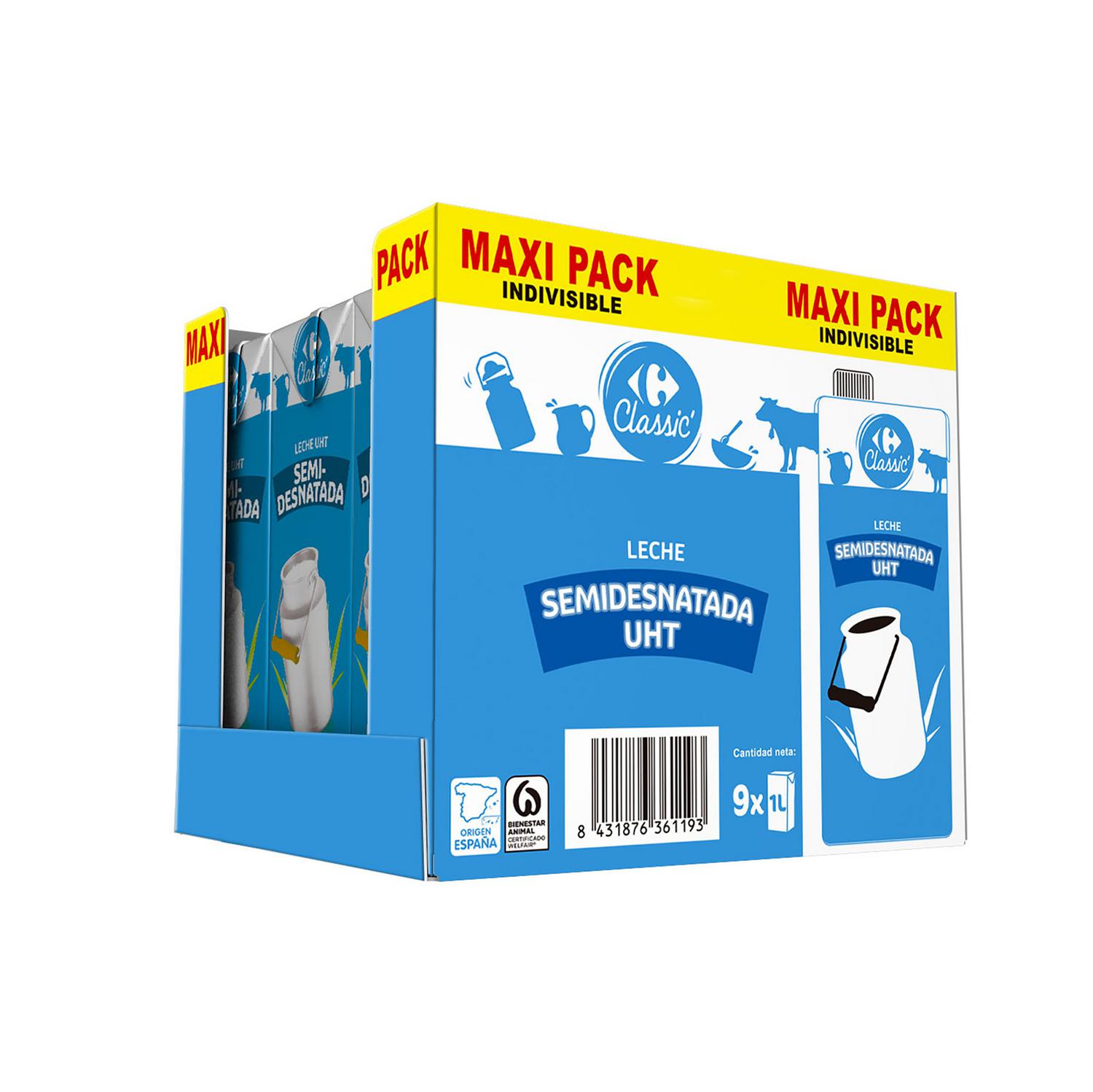 Leche semidesnatada Carrefour Classic pack de 9 unidades de 1 l.
