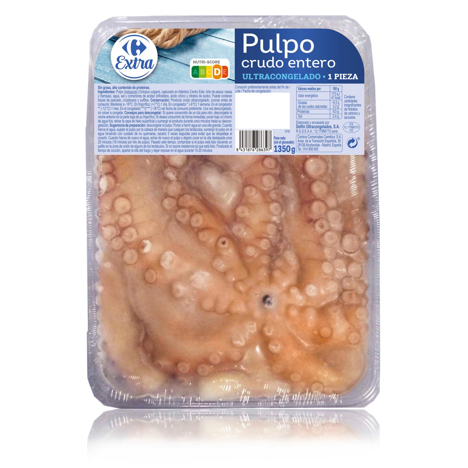 Pulpo crudo entero congelado Carrefour 1350 g.