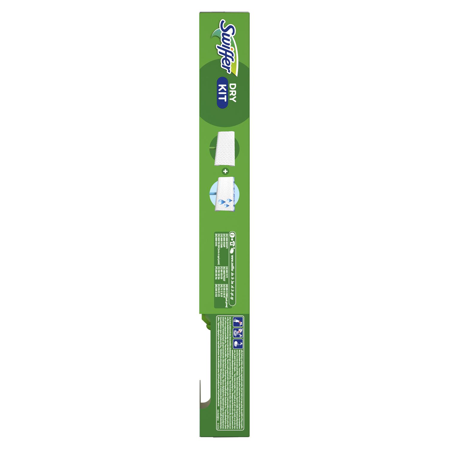 Kit Swiffer: mopa 1 ud, 8 paños secos y 3 paños húmedos.