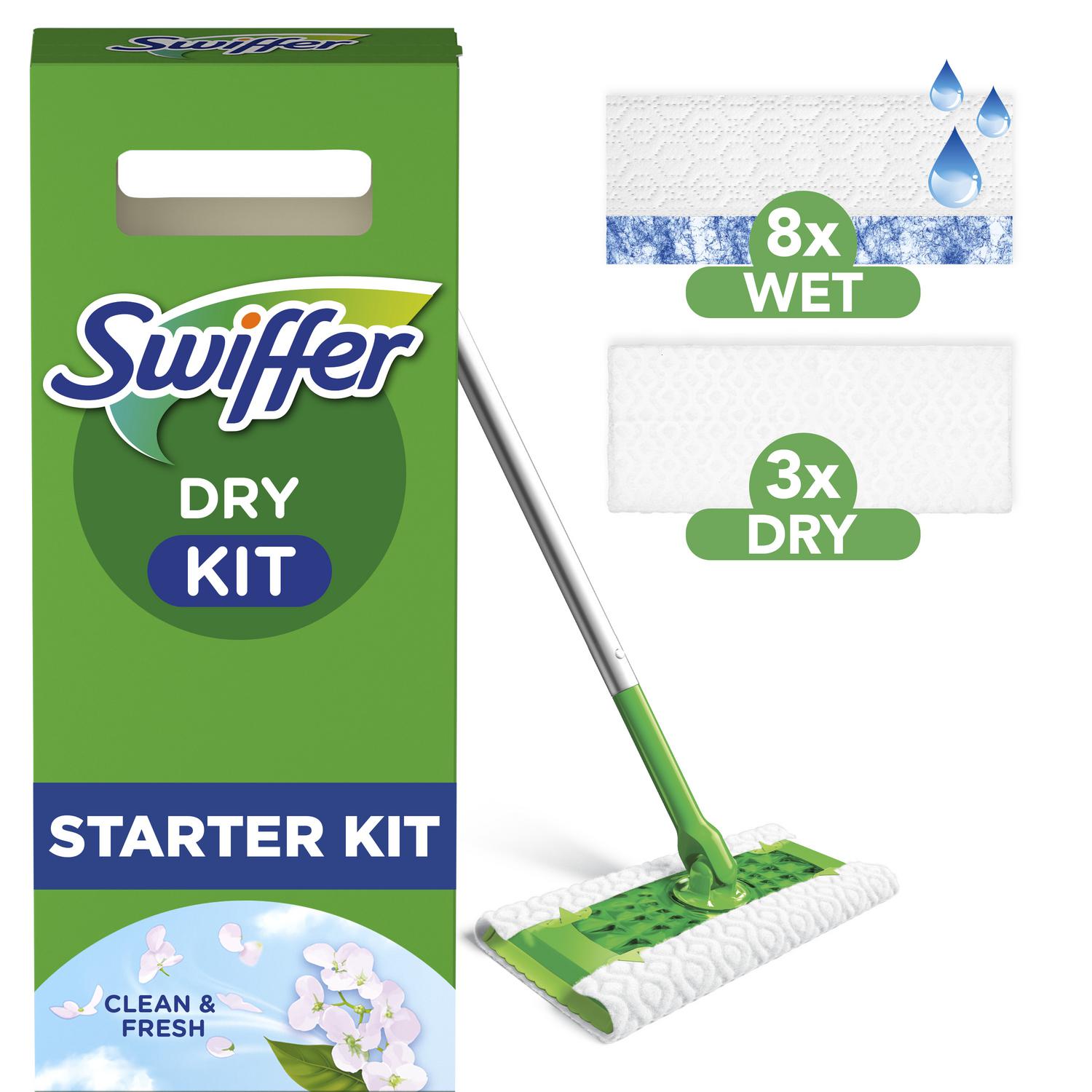 Kit Swiffer: mopa 1 ud, 8 paños secos y 3 paños húmedos.