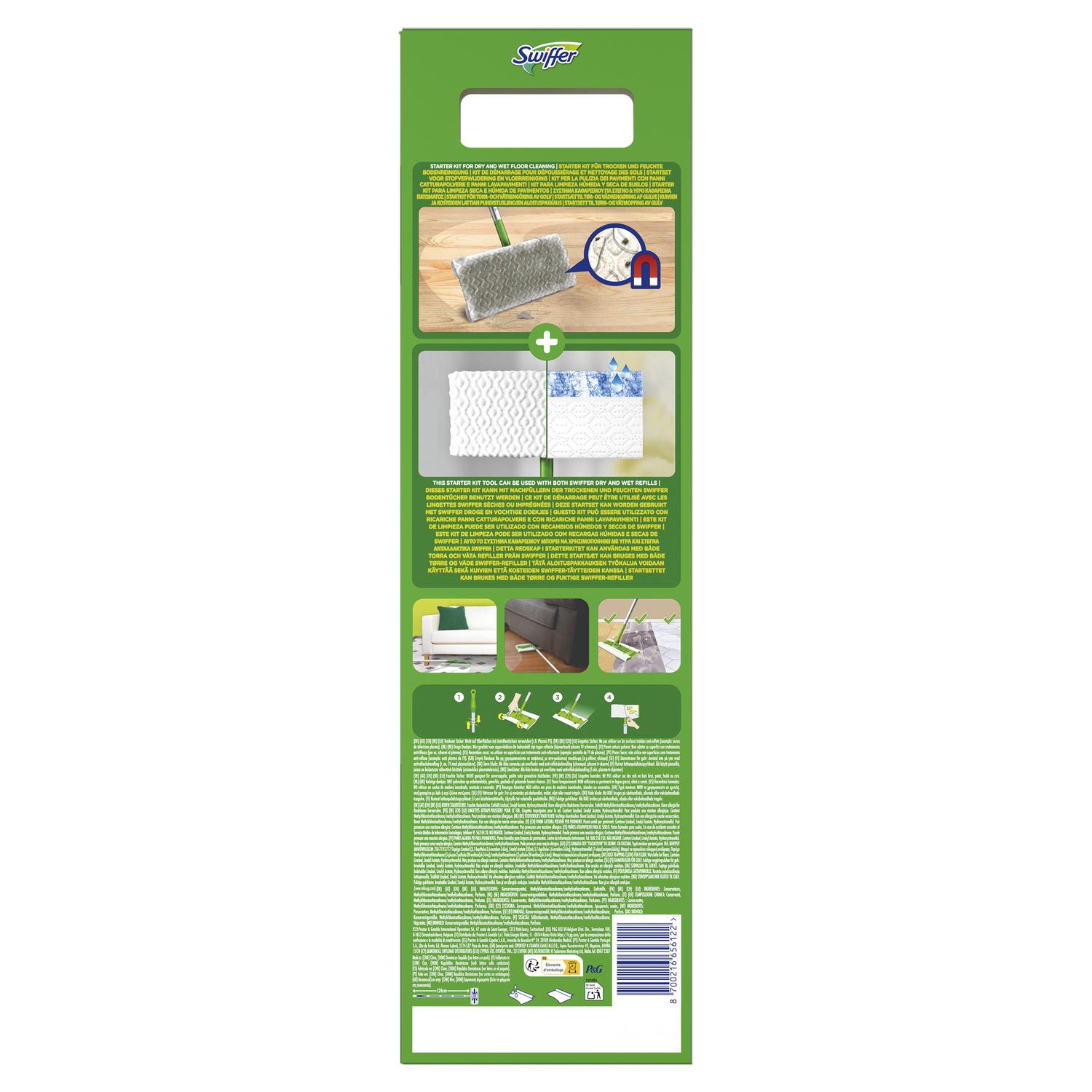 Kit Swiffer: mopa 1 ud, 8 paños secos y 3 paños húmedos.