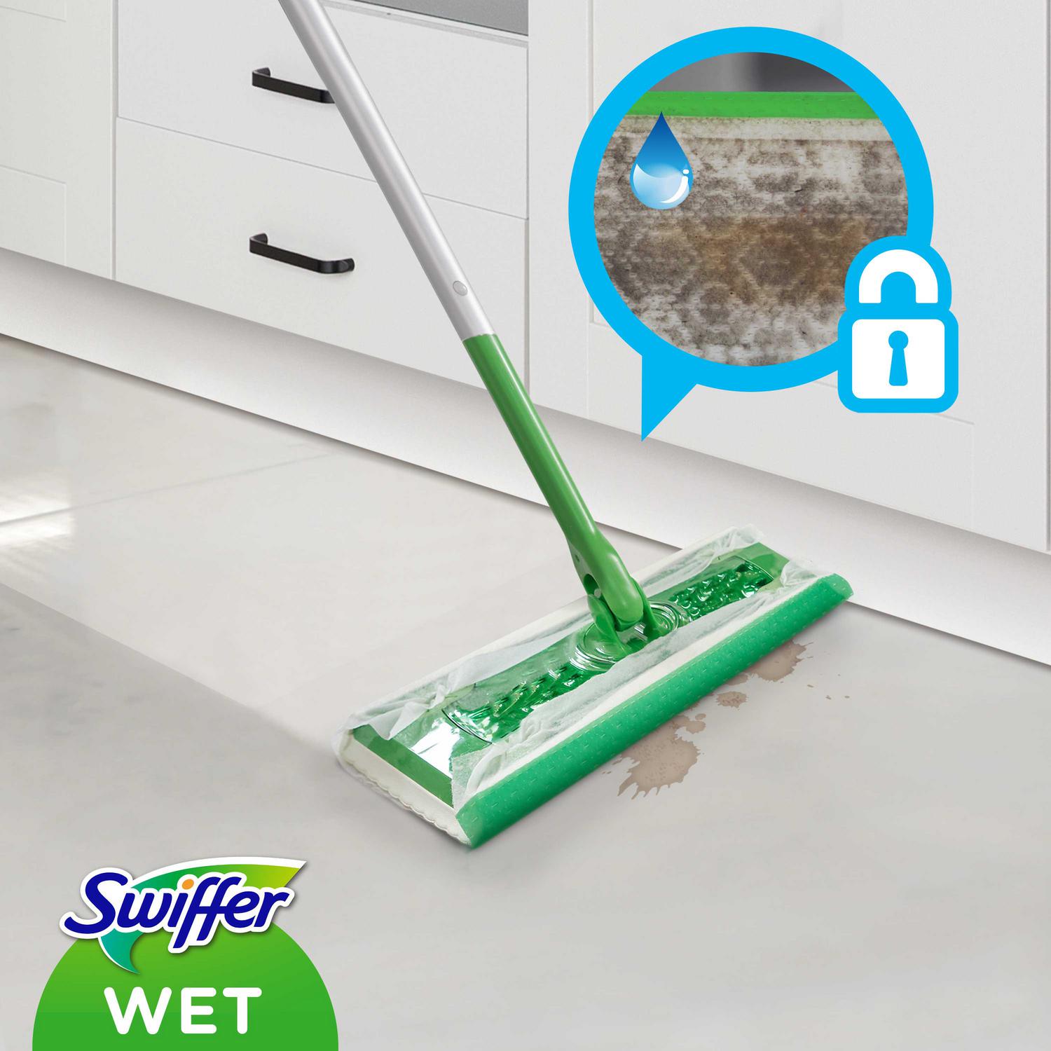 Kit Swiffer: mopa 1 ud, 8 paños secos y 3 paños húmedos.