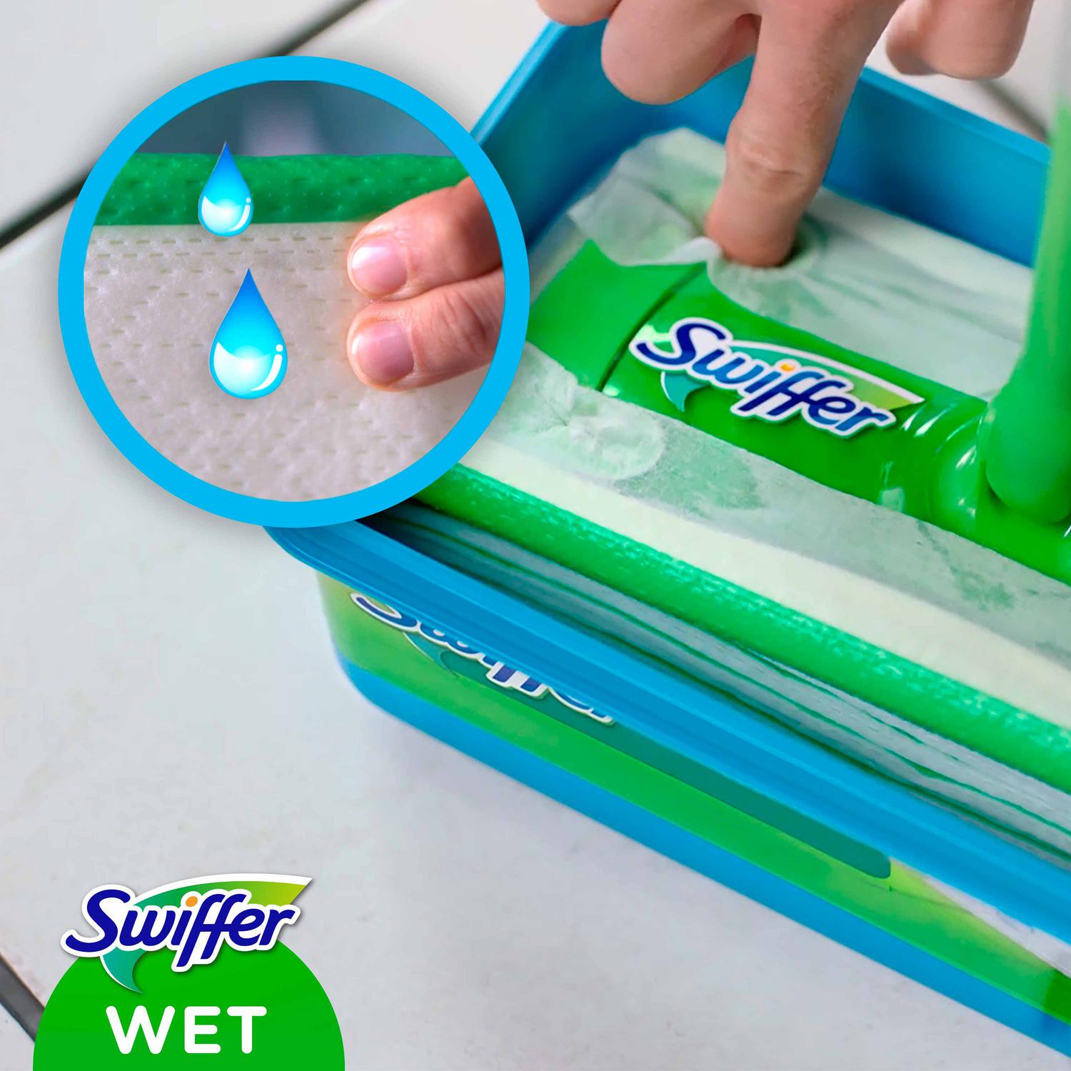 Kit Swiffer: mopa 1 ud, 8 paños secos y 3 paños húmedos.
