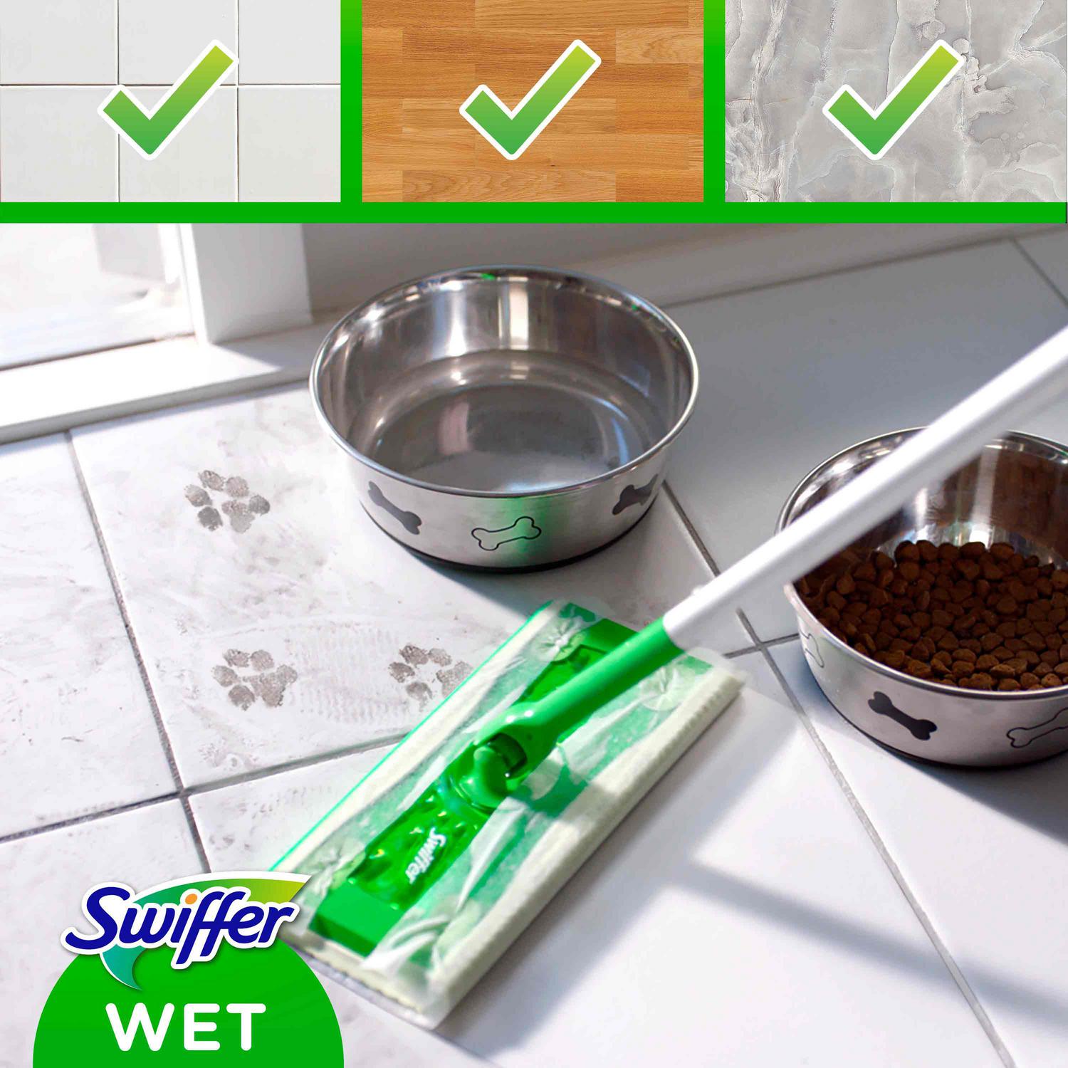 Kit Swiffer: mopa 1 ud, 8 paños secos y 3 paños húmedos.