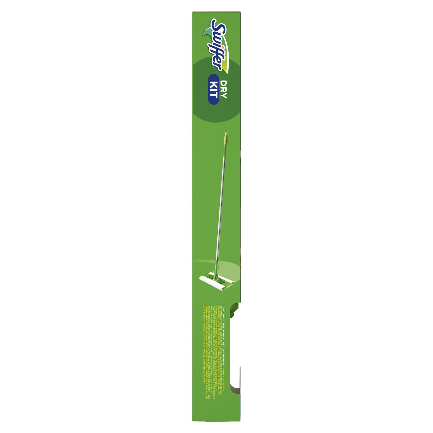 Kit Swiffer: mopa 1 ud, 8 paños secos y 3 paños húmedos.