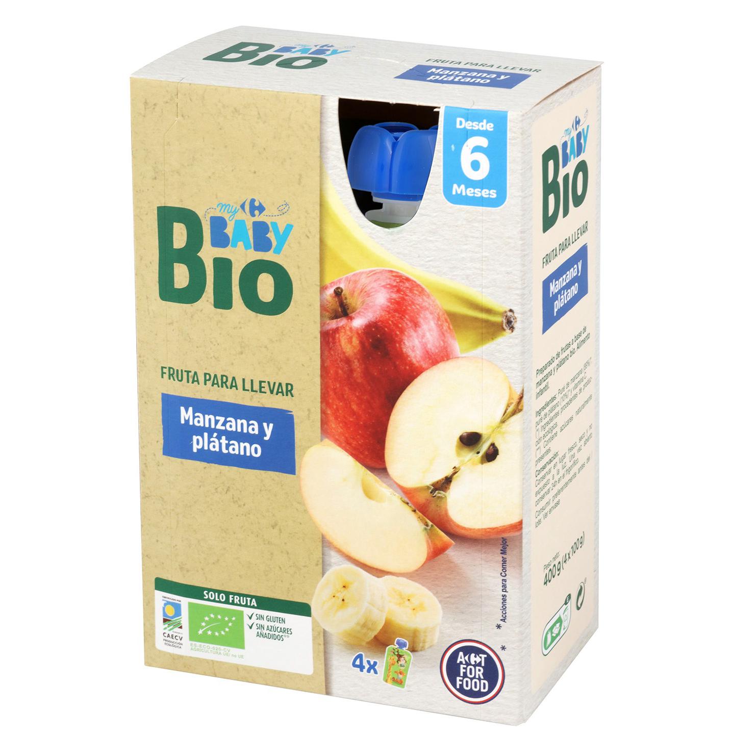 Bolsita de manzana y plátano desde 6 meses ecológico My Carrefour Baby Bio sin gluten y sin azúcar añadido pack de 4 de unidades de 100 g.