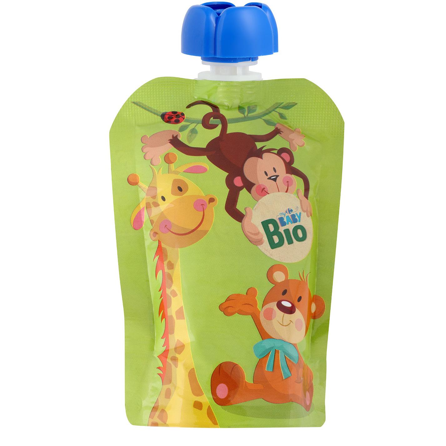 Bolsita de manzana y plátano desde 6 meses ecológico My Carrefour Baby Bio sin gluten y sin azúcar añadido pack de 4 de unidades de 100 g.