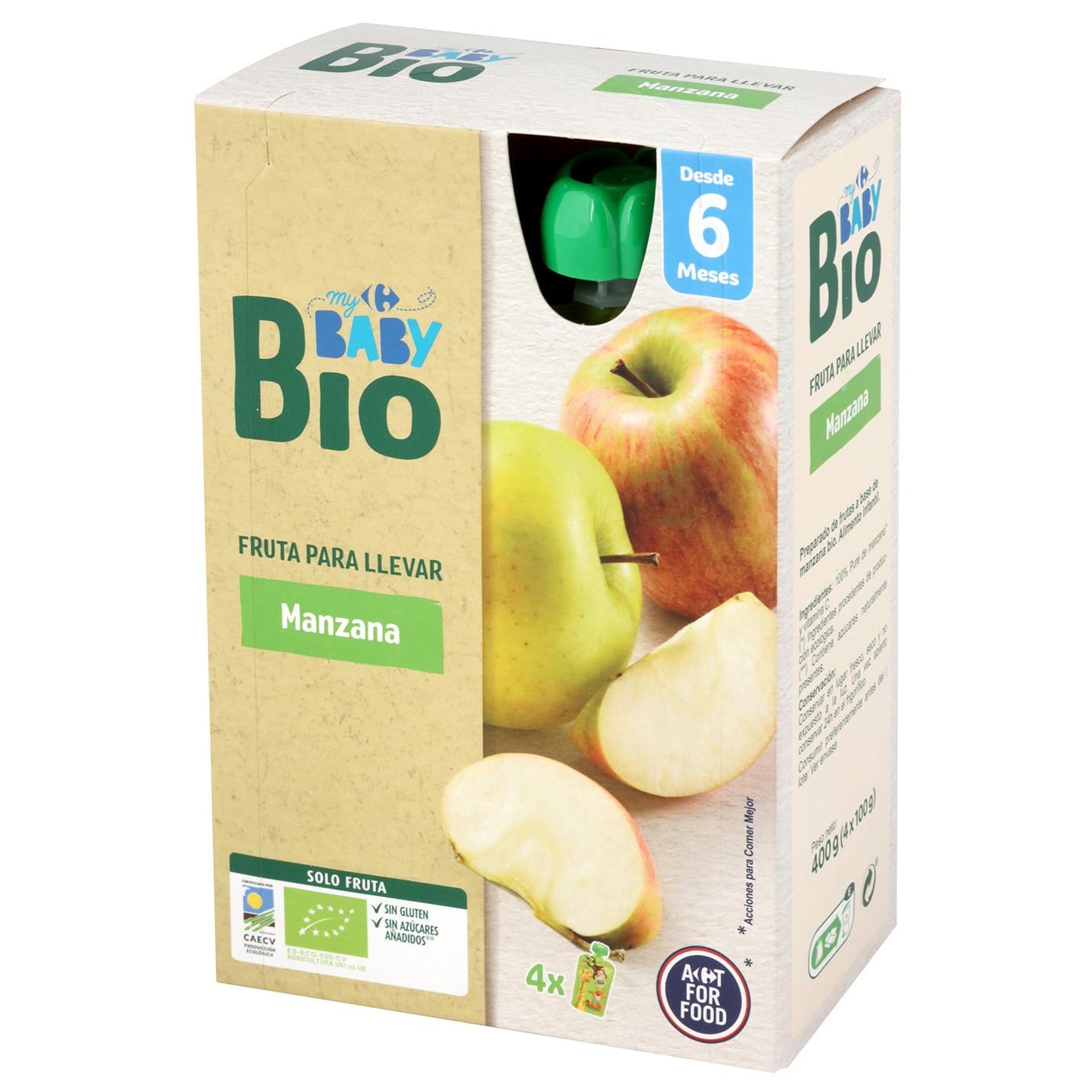 Bolsita de manzana desde 6 meses ecológico My Carrefour Baby sin gluten y sin azúcar añadido pack de 4 unidades de 100 g.