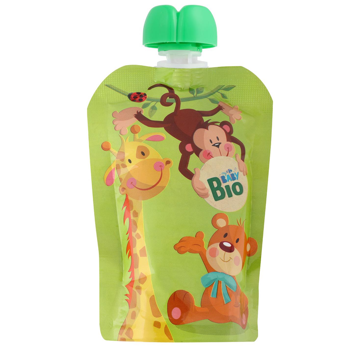 Bolsita de manzana desde 6 meses ecológico My Carrefour Baby sin gluten y sin azúcar añadido pack de 4 unidades de 100 g.