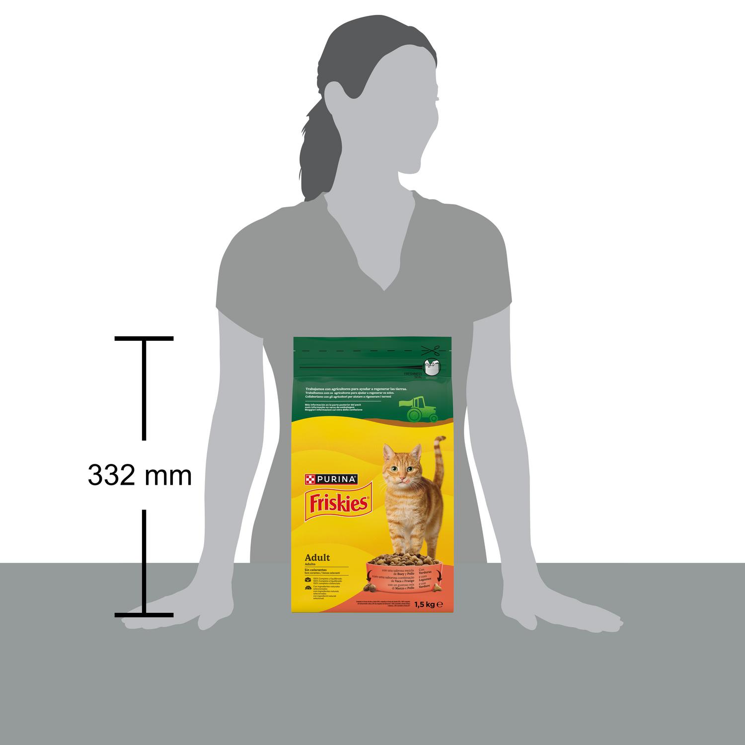 Pienso de buey y pollo con verduras para gato adulto Purina Friskies 1,5 kg.