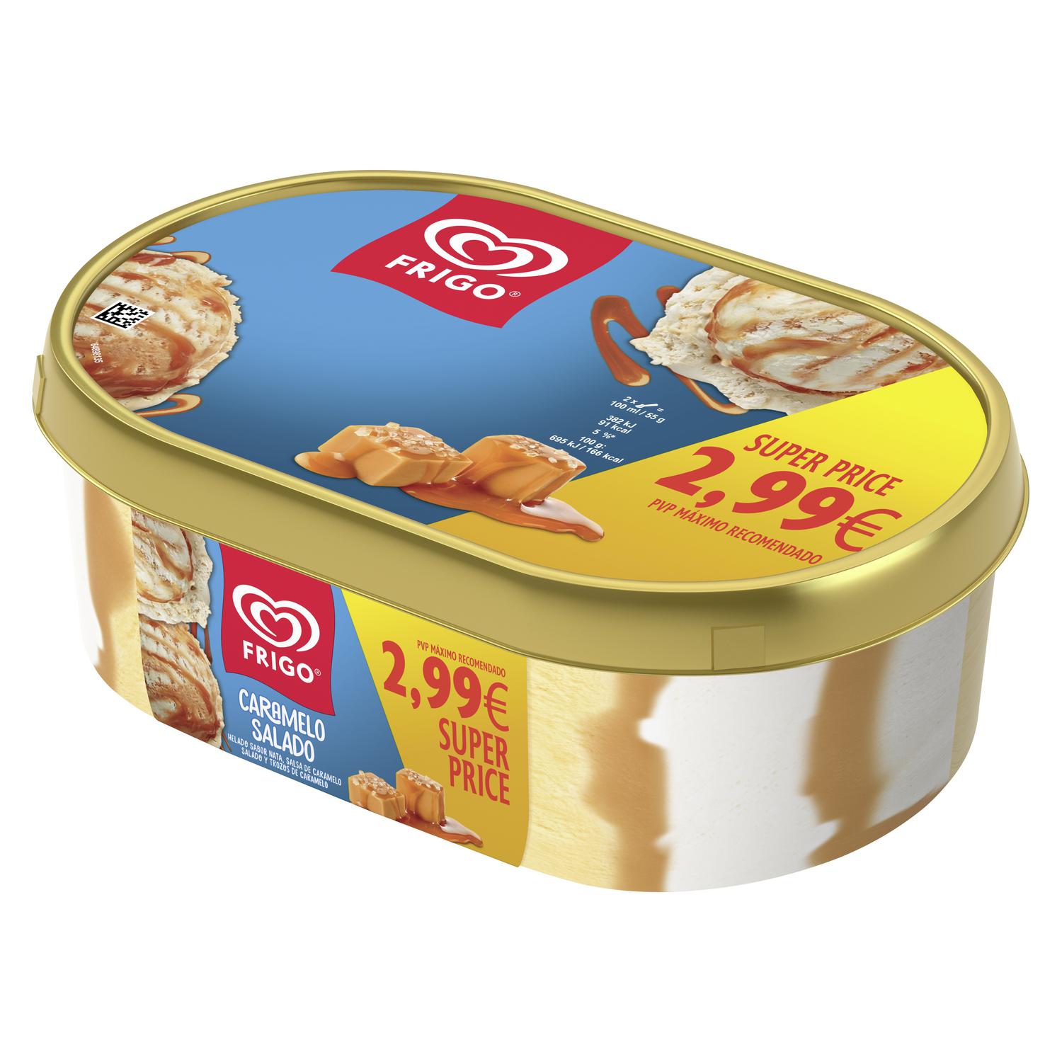 Helado sabor nata con salsa de caramelo salado y trocitos de caramelo Frigo 499 g.