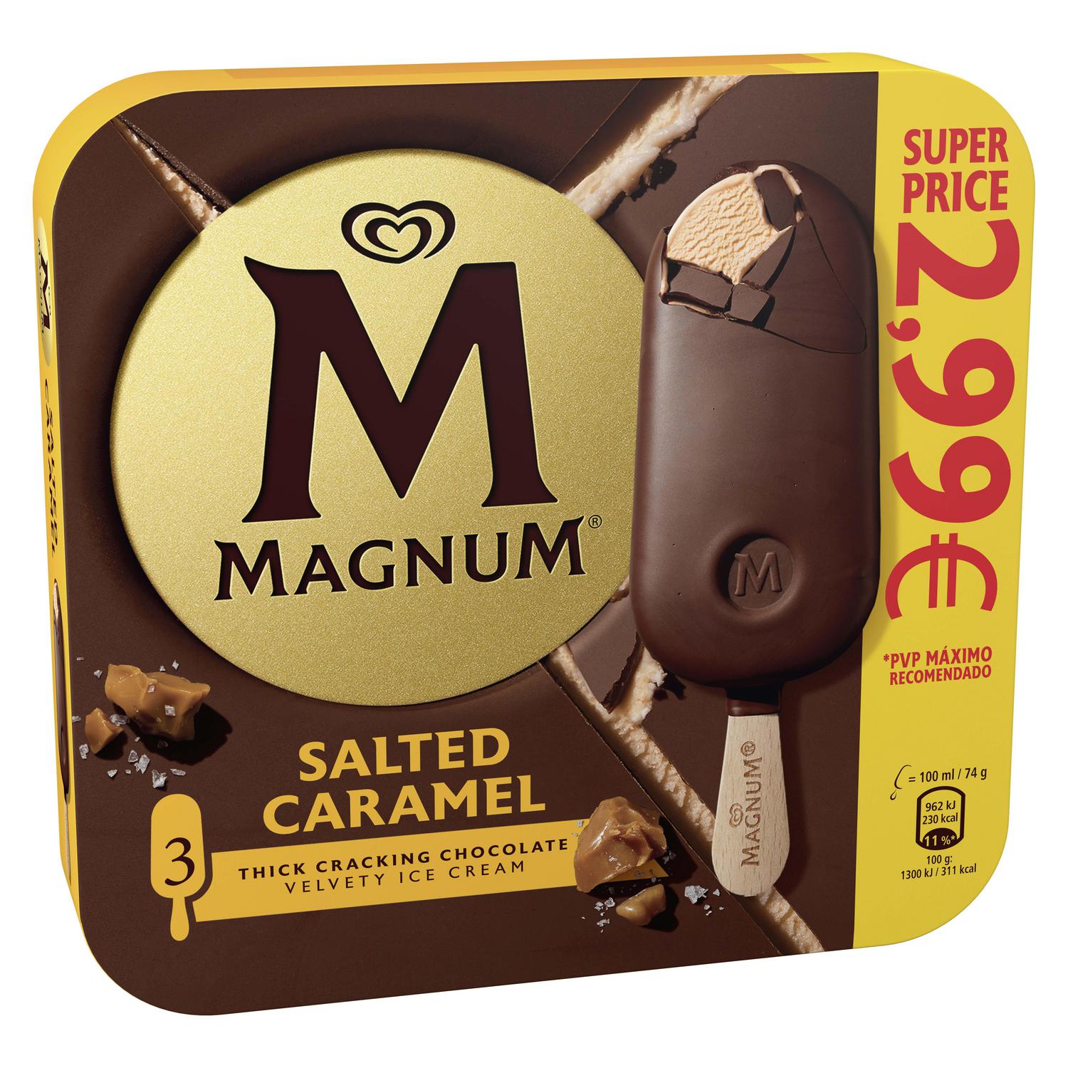Helado de caramelo salado recubierto de chocolate con leche Magnum 3 ud.