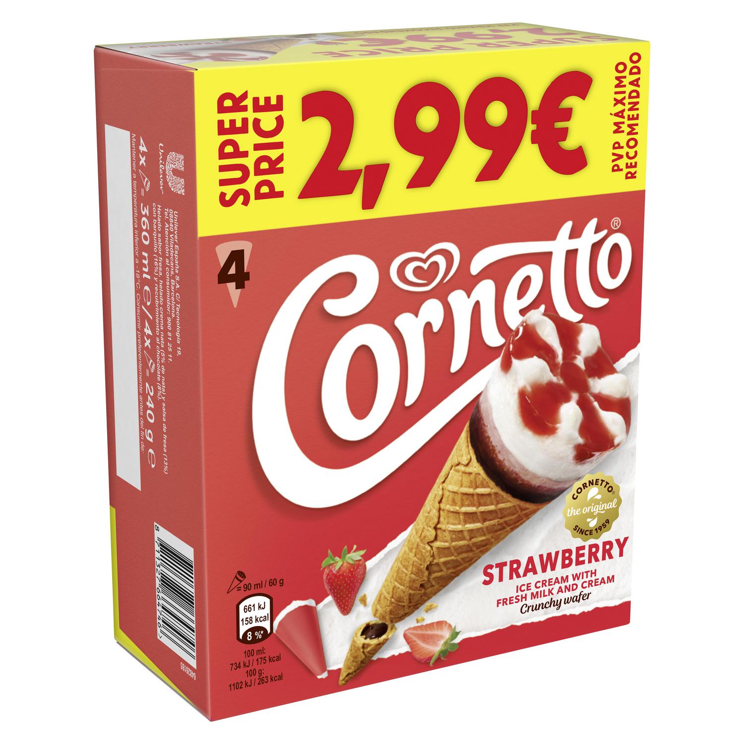 Conos con helado de fresa Cornetto 4 ud.