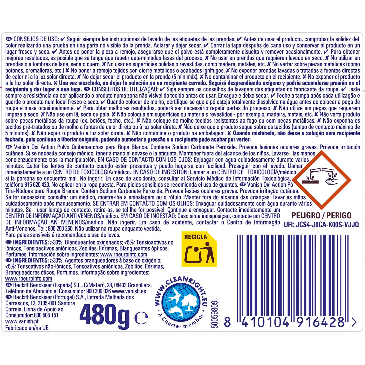 Quitamanchas Oxi Action Vanish 480 g.