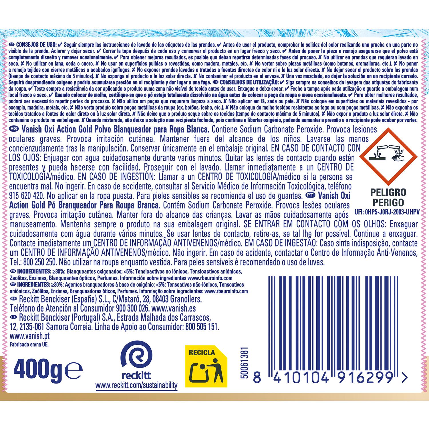 Quitamanchas blanqueador Gold Oxi Action Vanish 400 g.