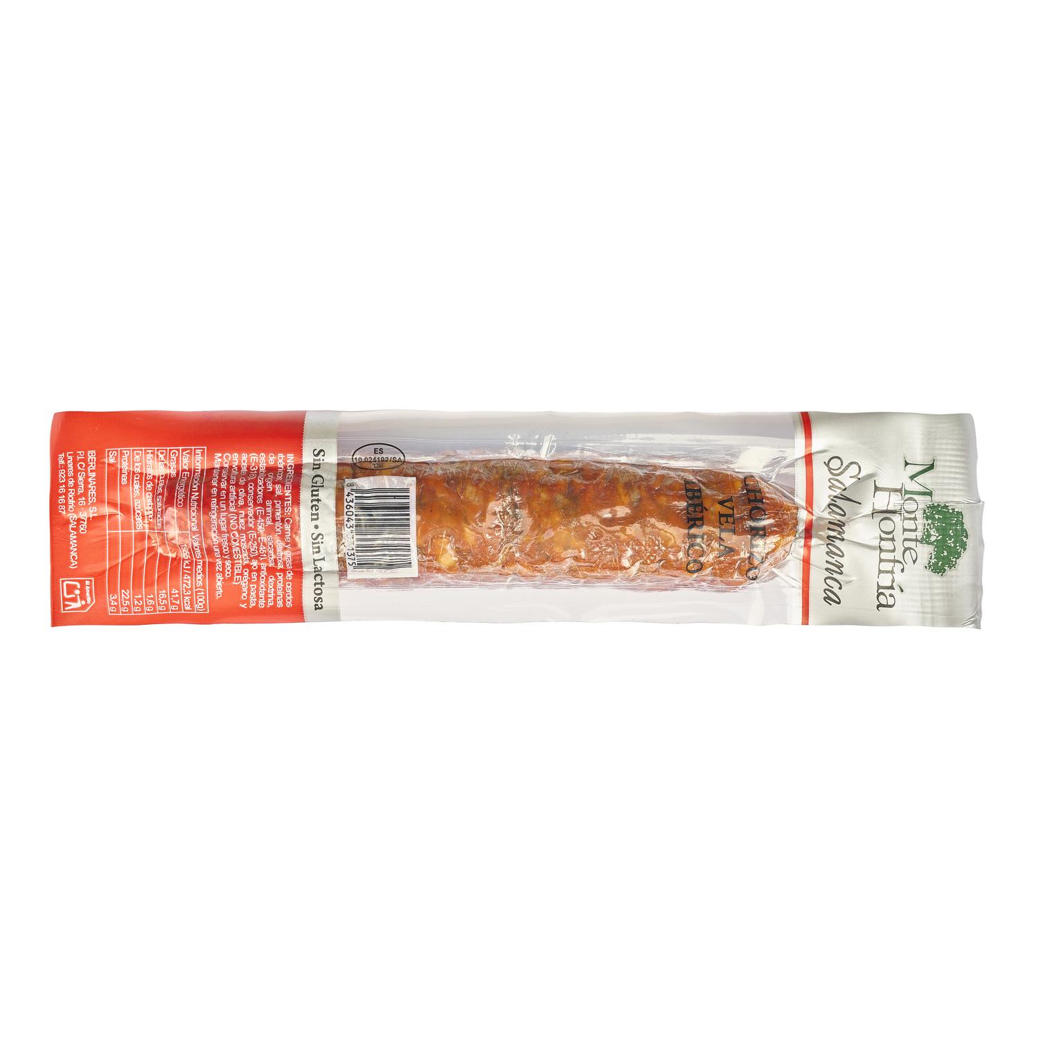 Chorizo vela ibérico Monte Honfria sin gluten y sin lactosa 150 g.