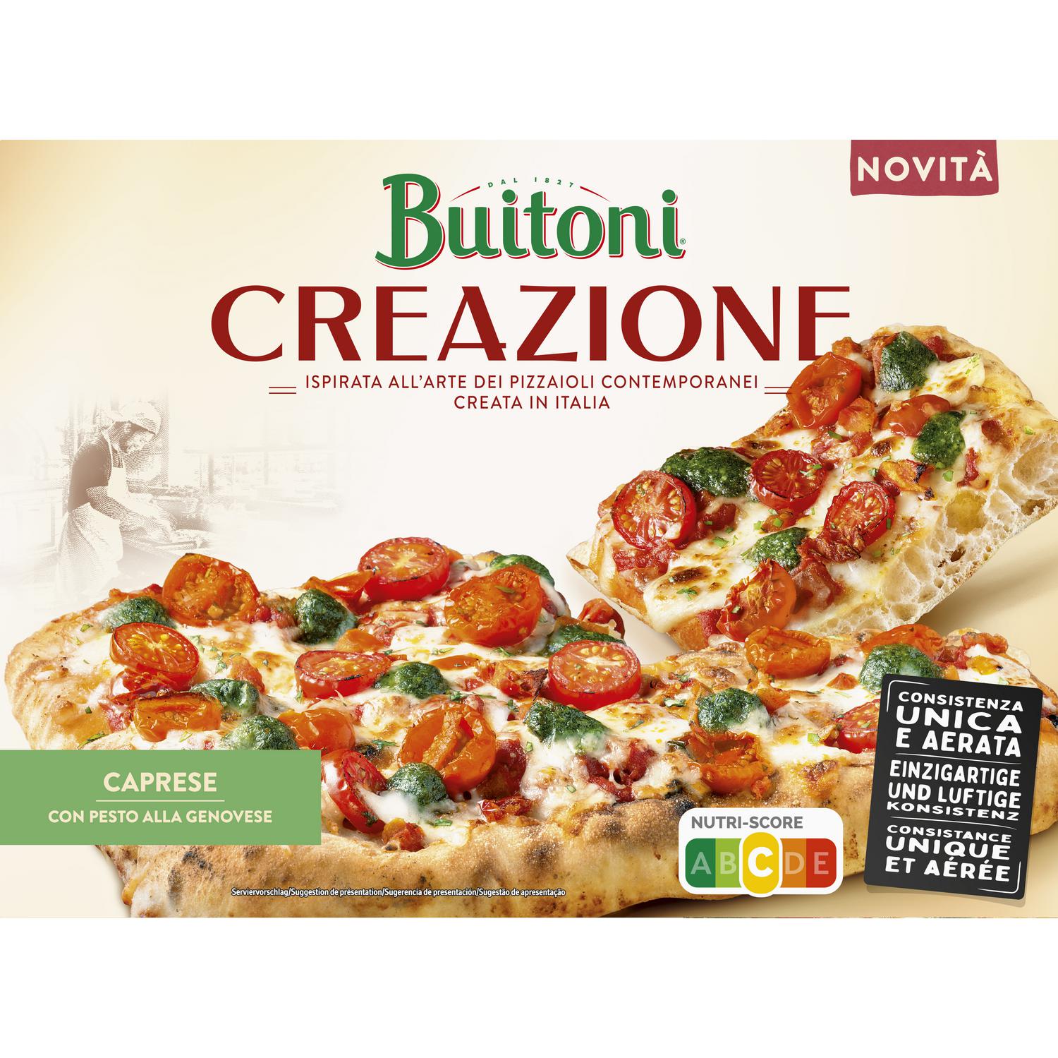 Pizza con tomate, salsa pesto y queso Creazione Buitoni 435 g.
