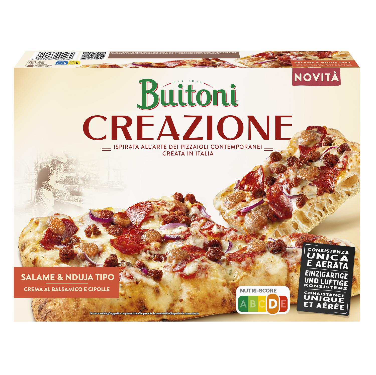 Pizza con salami, carne nduja y queso Creazione Buitoni 430 g.