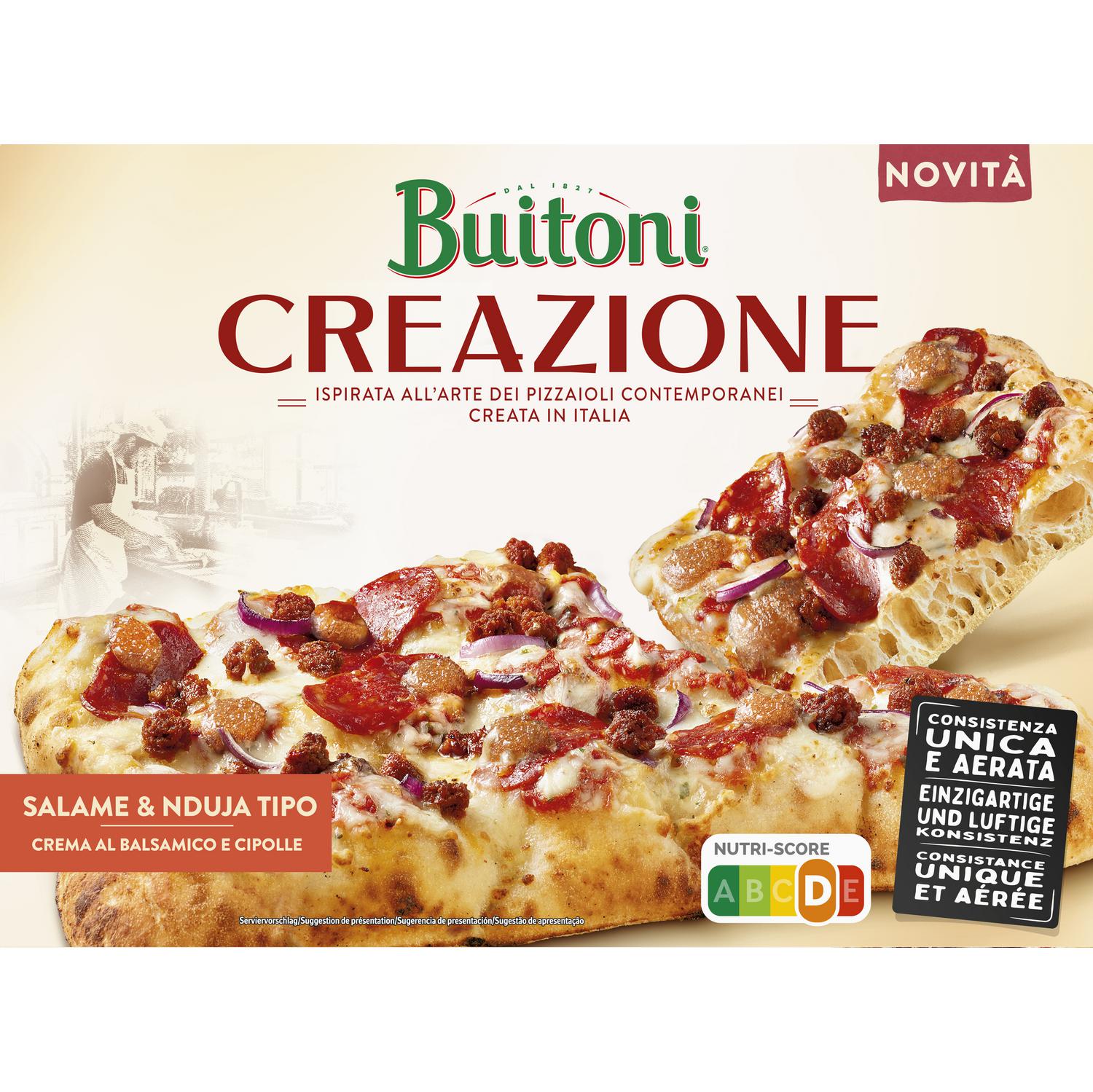 Pizza con salami, carne nduja y queso Creazione Buitoni 430 g.