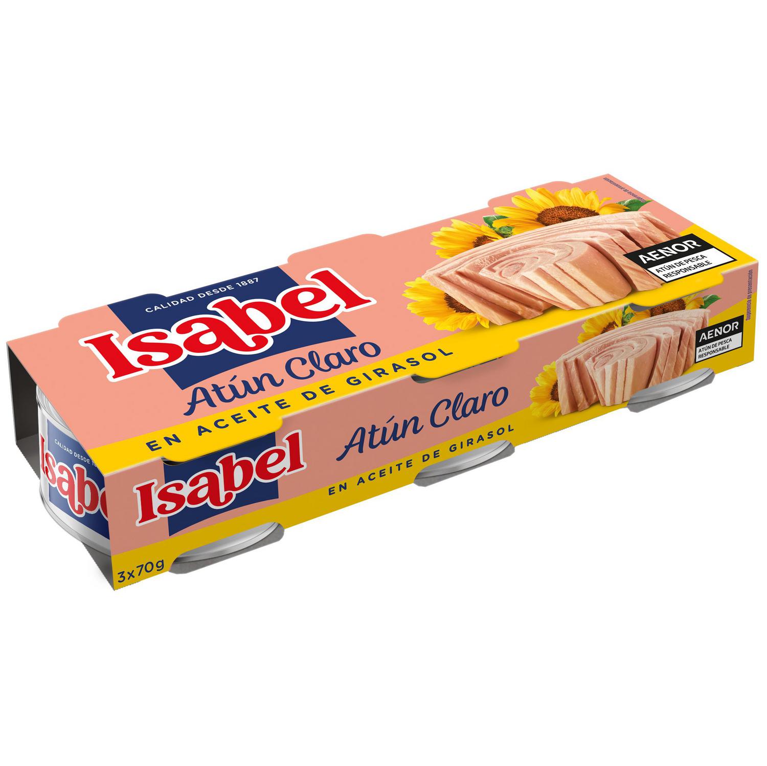 Atún claro en aceite de girasol Isabel pack de 3 latas de 52 g.