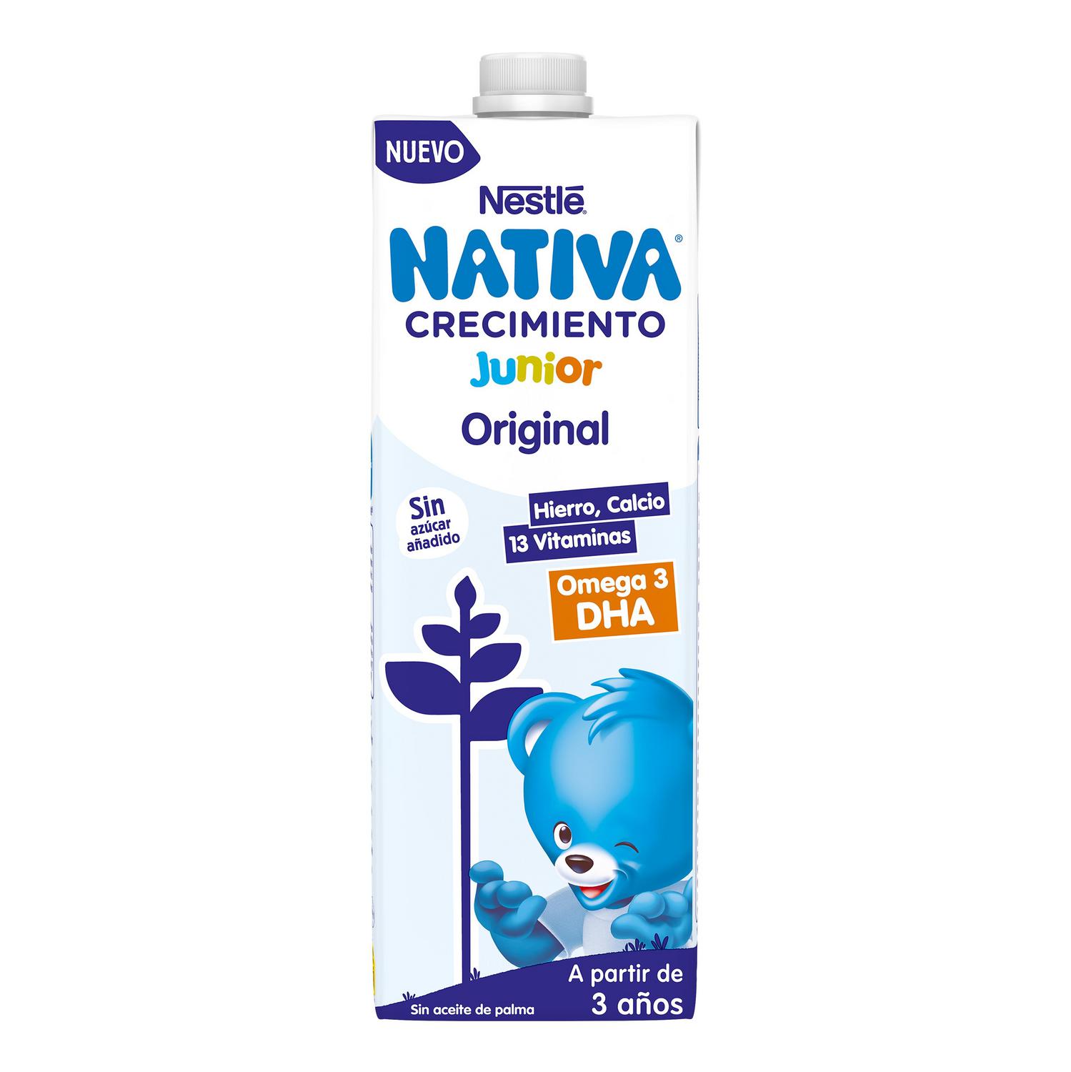 Preparado lácteo infantil de crecimiento desde 3 años Nestlé Junior Original sin gluten y sin azúcar añadido brik 1 l.