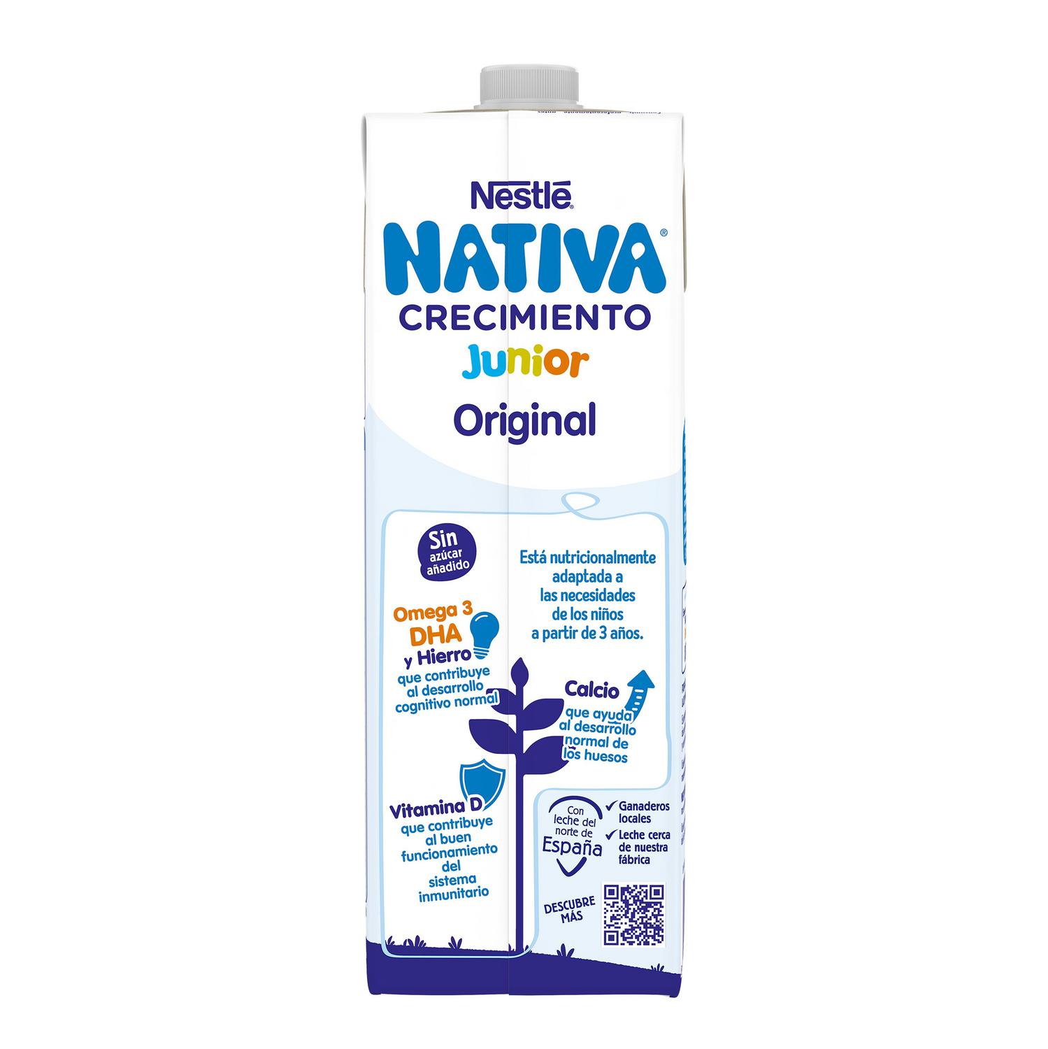 Preparado lácteo infantil de crecimiento desde 3 años Nestlé Junior Original sin gluten y sin azúcar añadido brik 1 l.