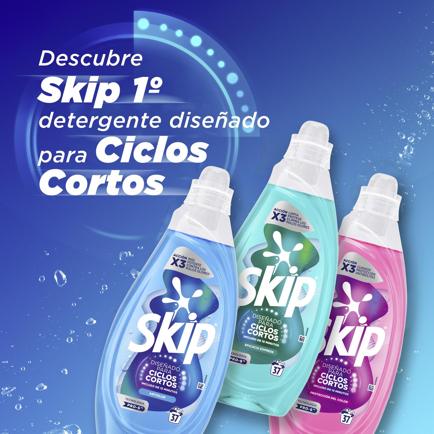 Detergente liquido ciclos cortos color Skip 37 lavados.