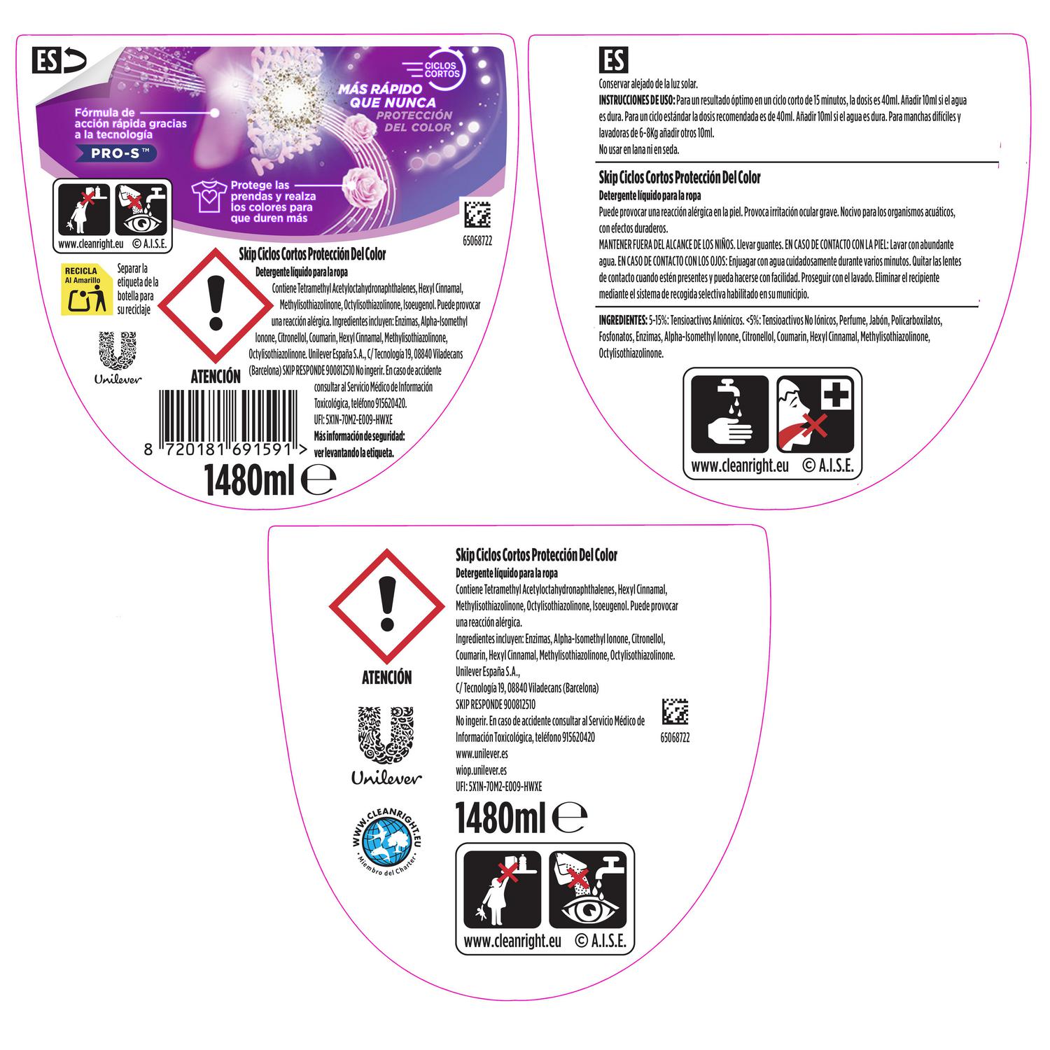 Detergente liquido ciclos cortos color Skip 37 lavados.