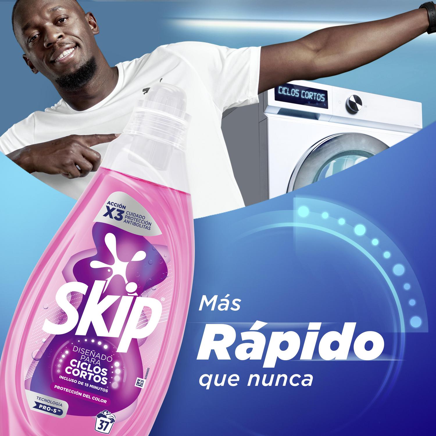 Detergente liquido ciclos cortos color Skip 37 lavados.