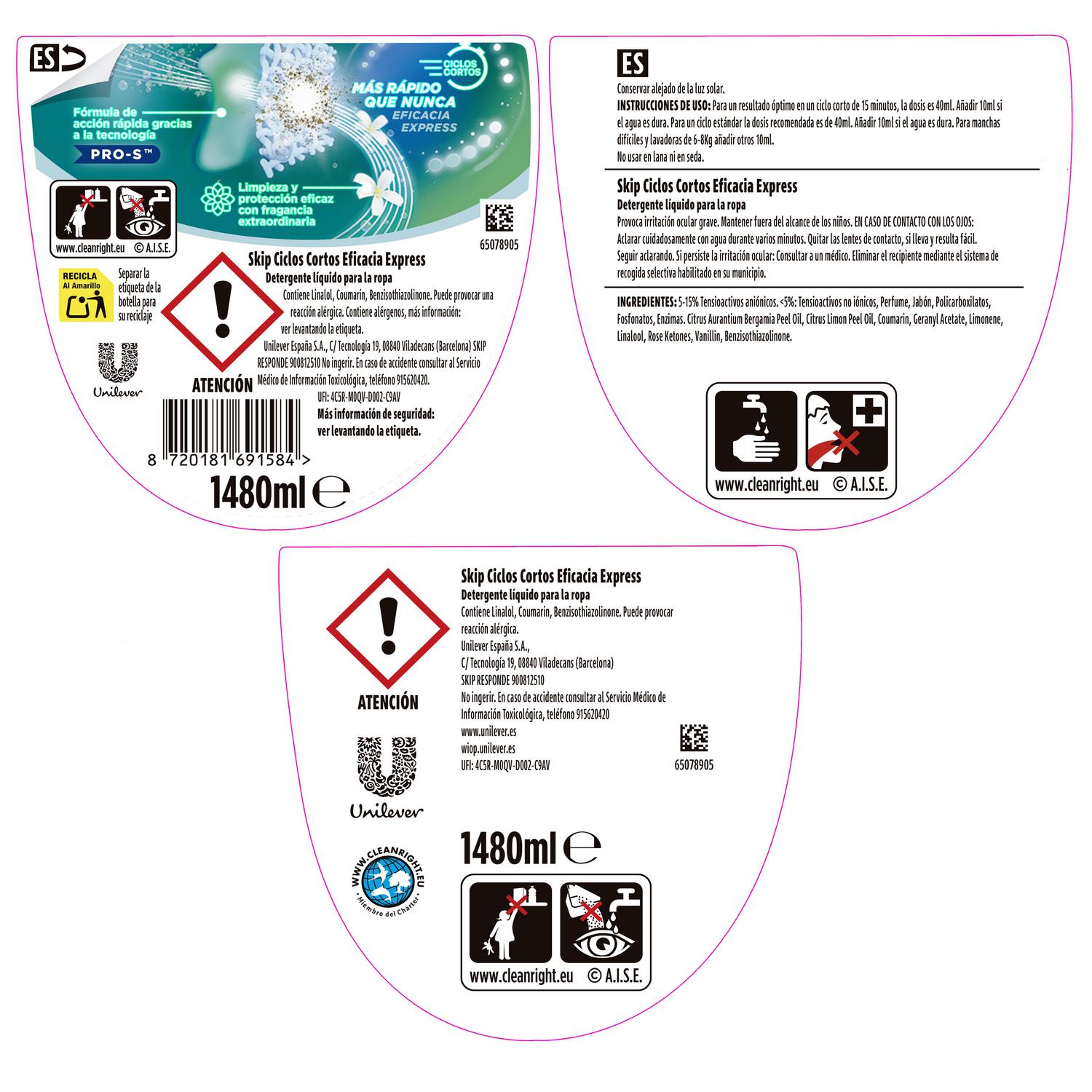 Detergente liquido ciclos cortos eficacia express Skip 37 lavados.