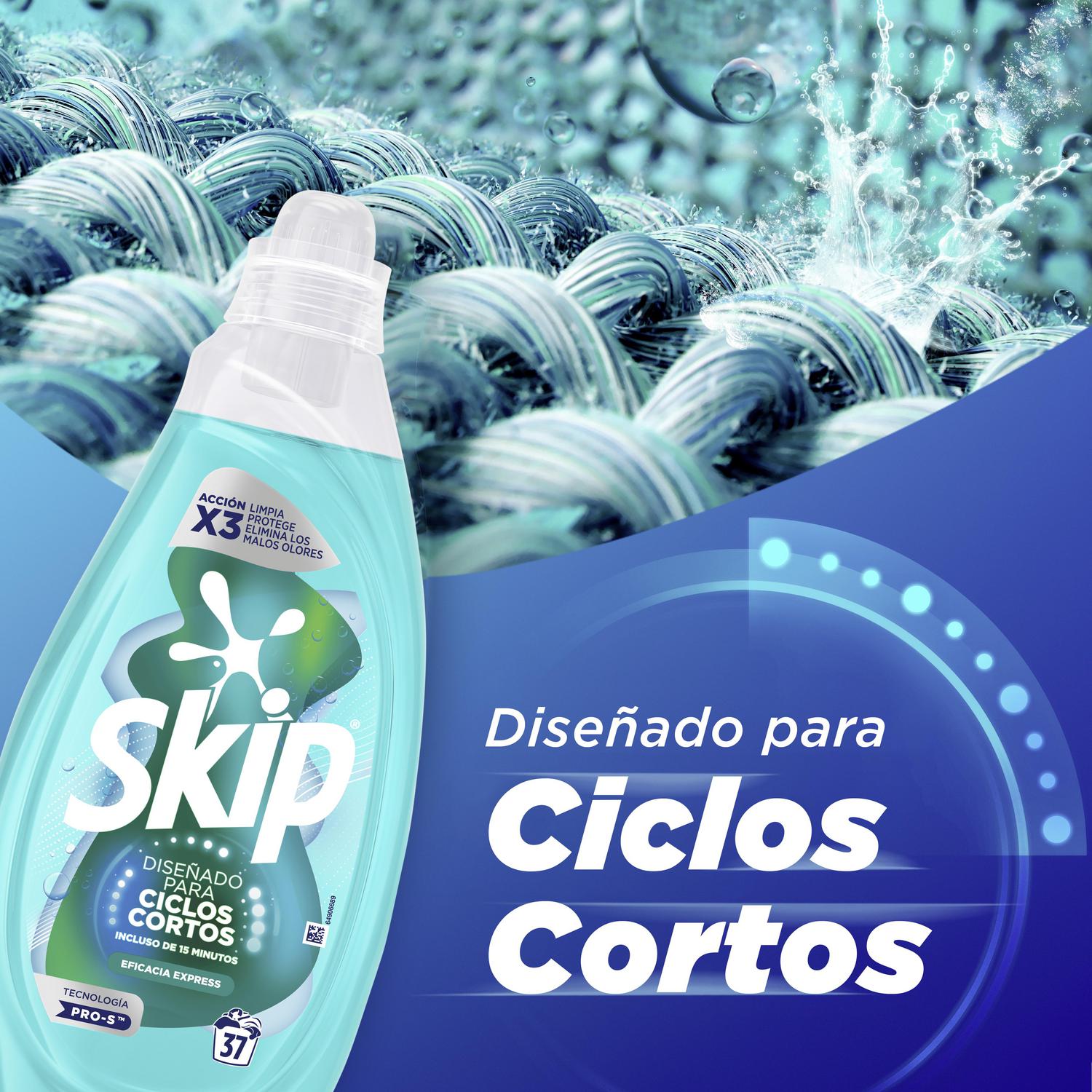 Detergente liquido ciclos cortos eficacia express Skip 37 lavados.