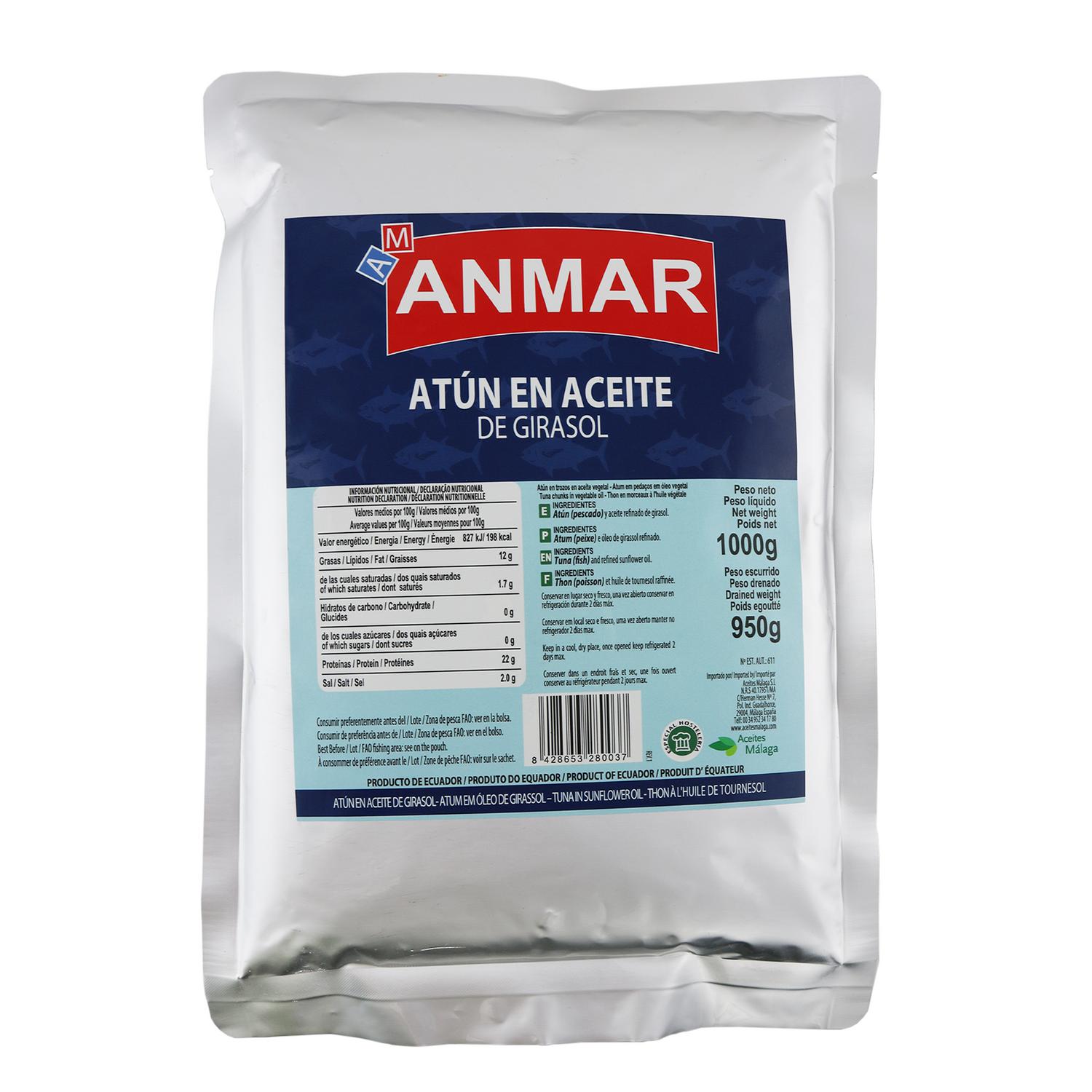 Atún trozos en aceite de girasol Anmar 950 g.