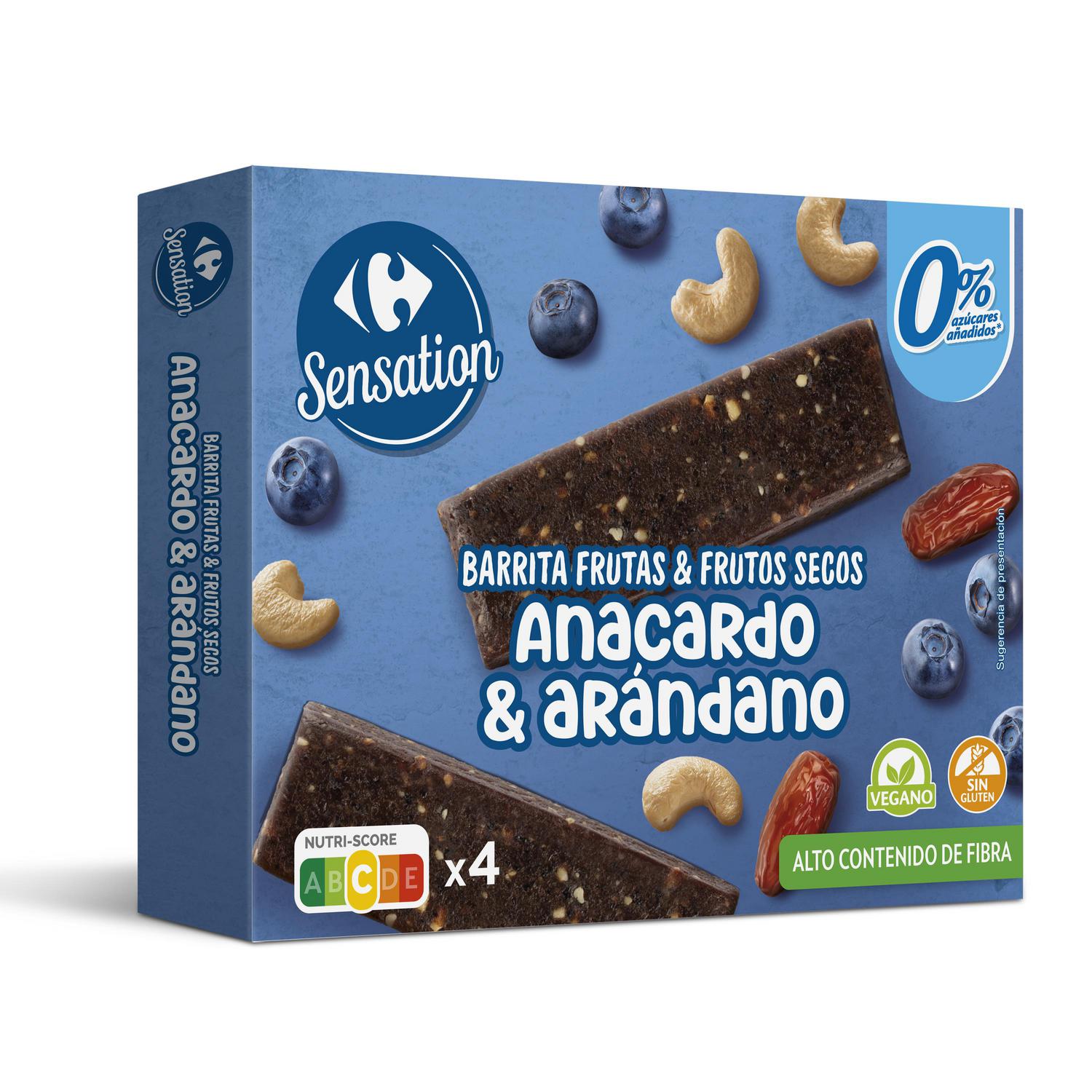 Barritas de frutas y frutos secos Carrefour Sensation sin azúcar añadido 120 g.